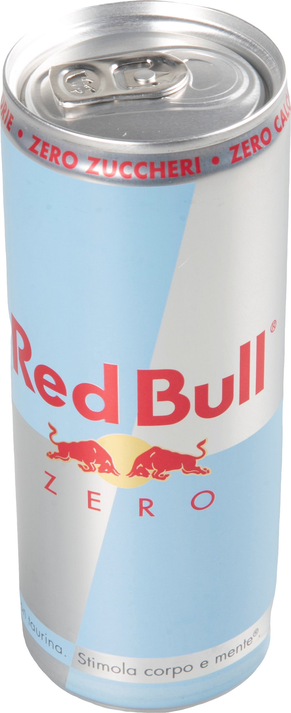 Una lattina di Red Bull Zero con design blu e argento, due tori rossi.