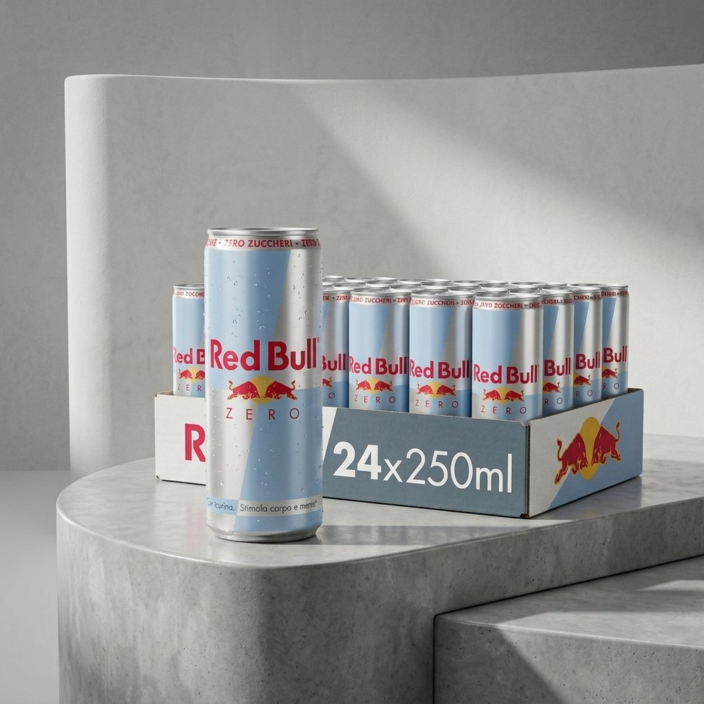 Una singola lattina di Red Bull Zero si erge davanti, dietro una confezione da 24.
