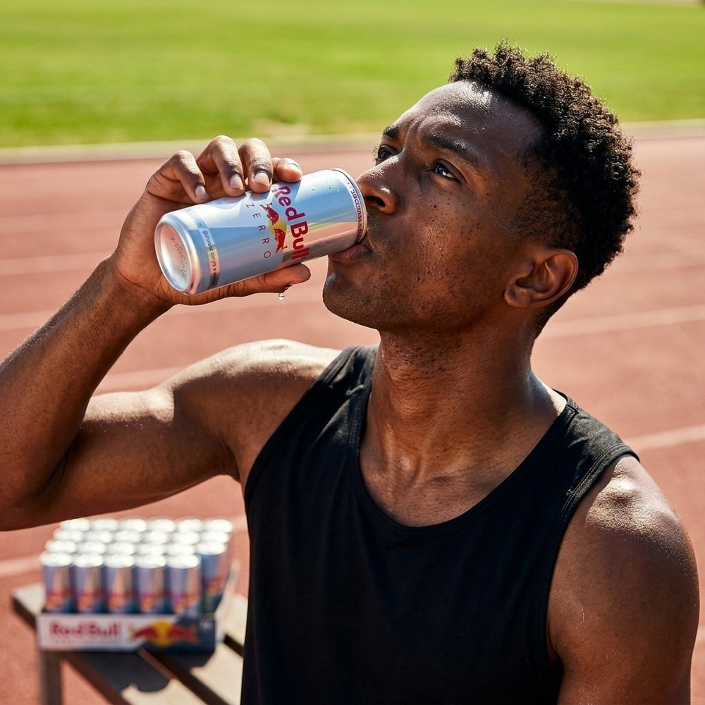 Un uomo beve Red Bull Zero su una pista da corsa. Diverse lattine sullo sfondo.