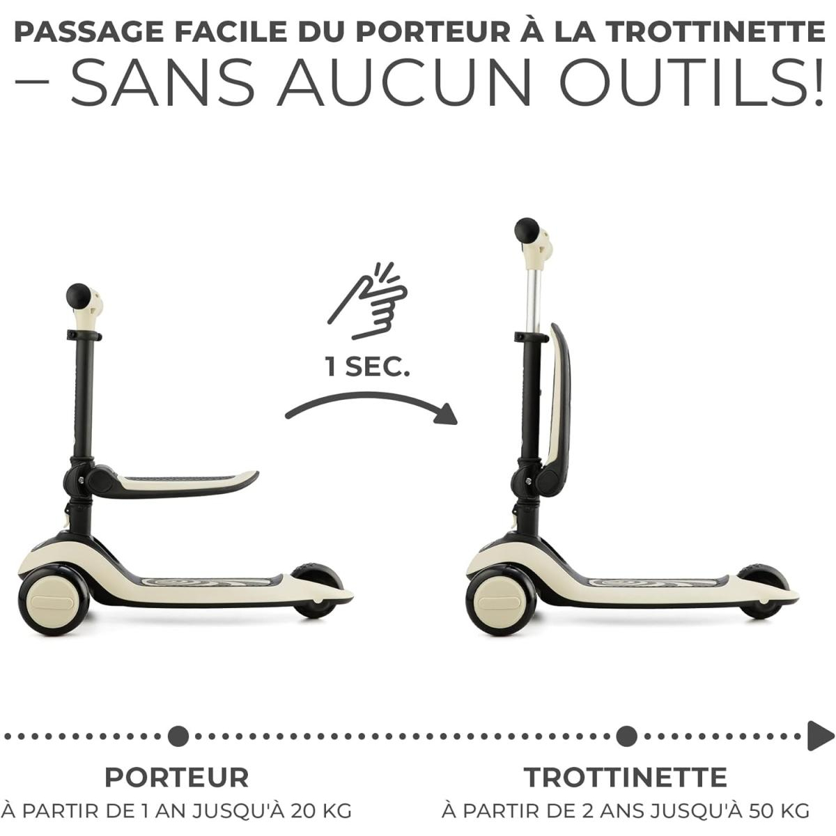 Zwei Modi: Kindertrage (bis 20 kg) und Roller (bis 50 kg).