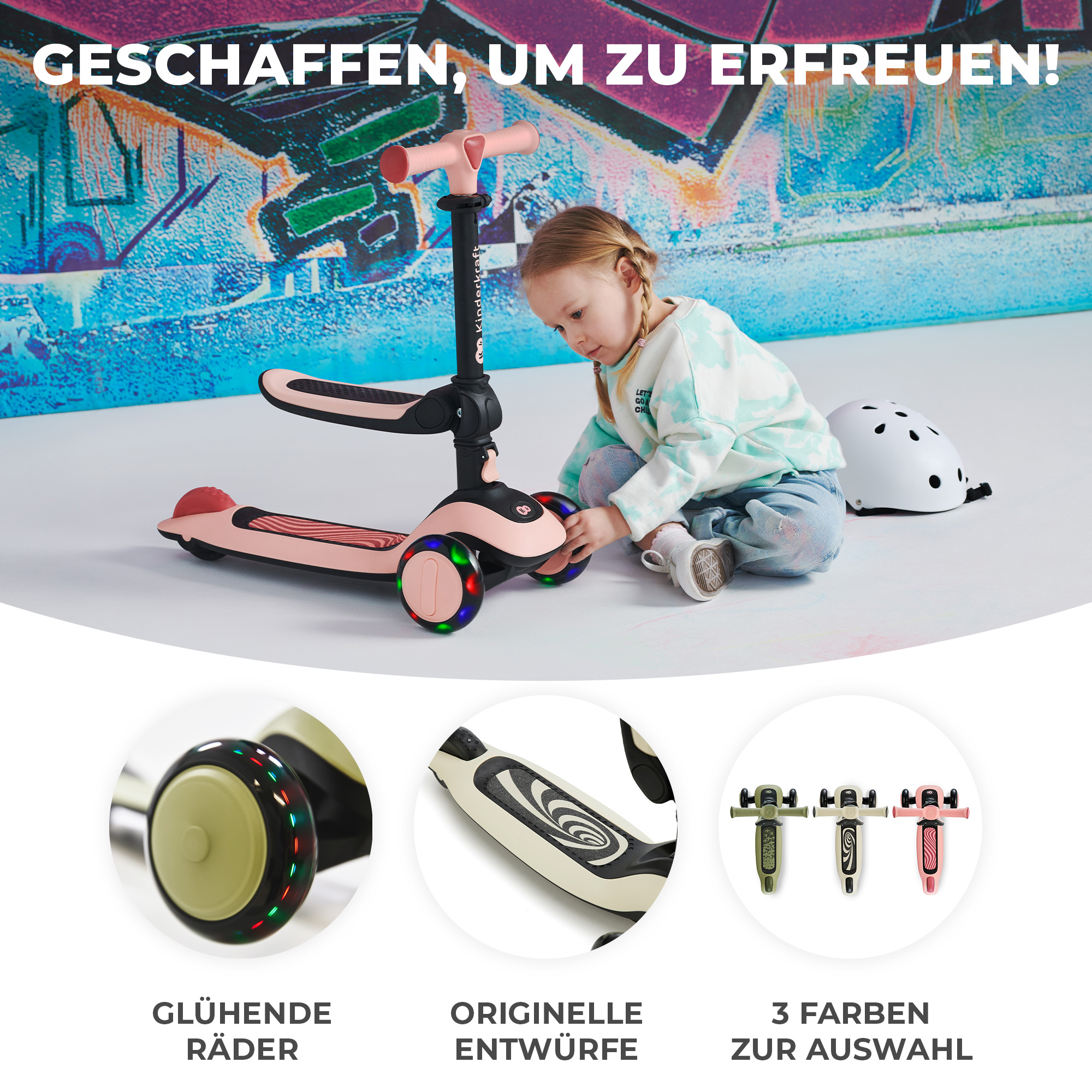 Ein kleines Mädchen sitzt neben einem rosafarbenen Roller mit leuchtenden Rädern.