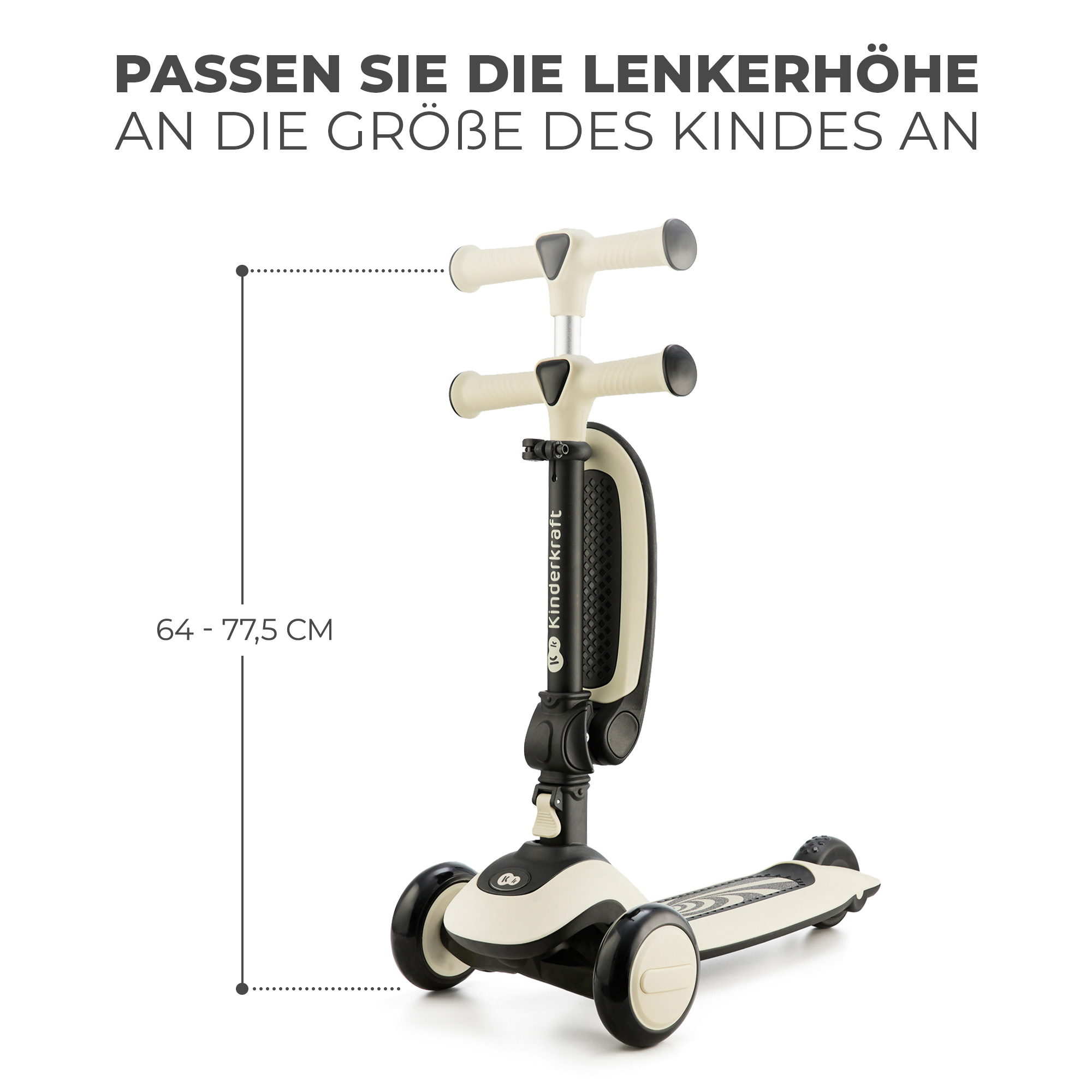 Ein beigefarbener Roller mit drei Rädern und verstellbarer Lenkerhöhe von 64-77,5 cm.