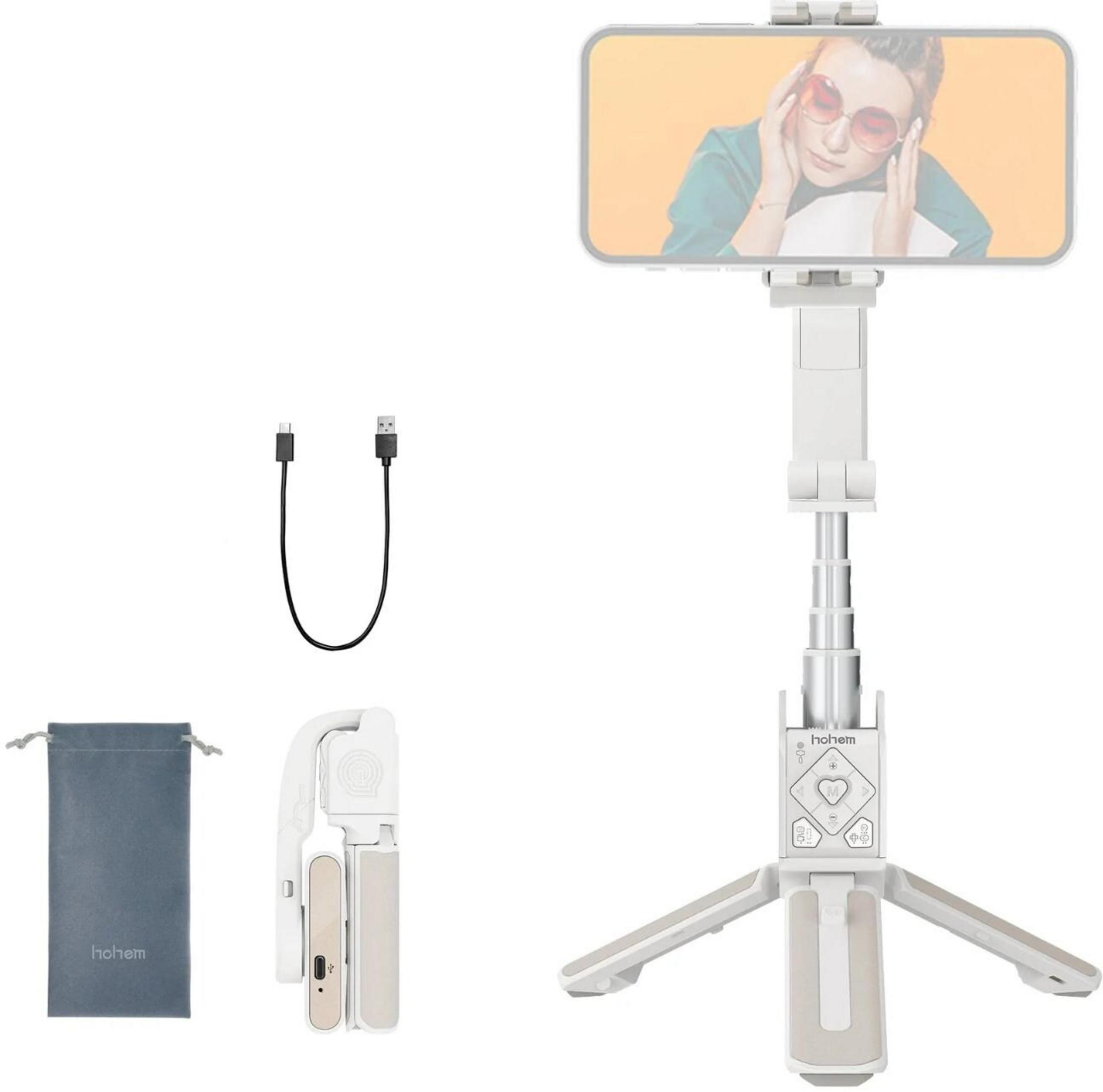 Ein weißer Selfie-Stick mit ausklappbarem Stativ und Handyhalterung. Enthält ein USB-Kabel und eine graue Tasche.