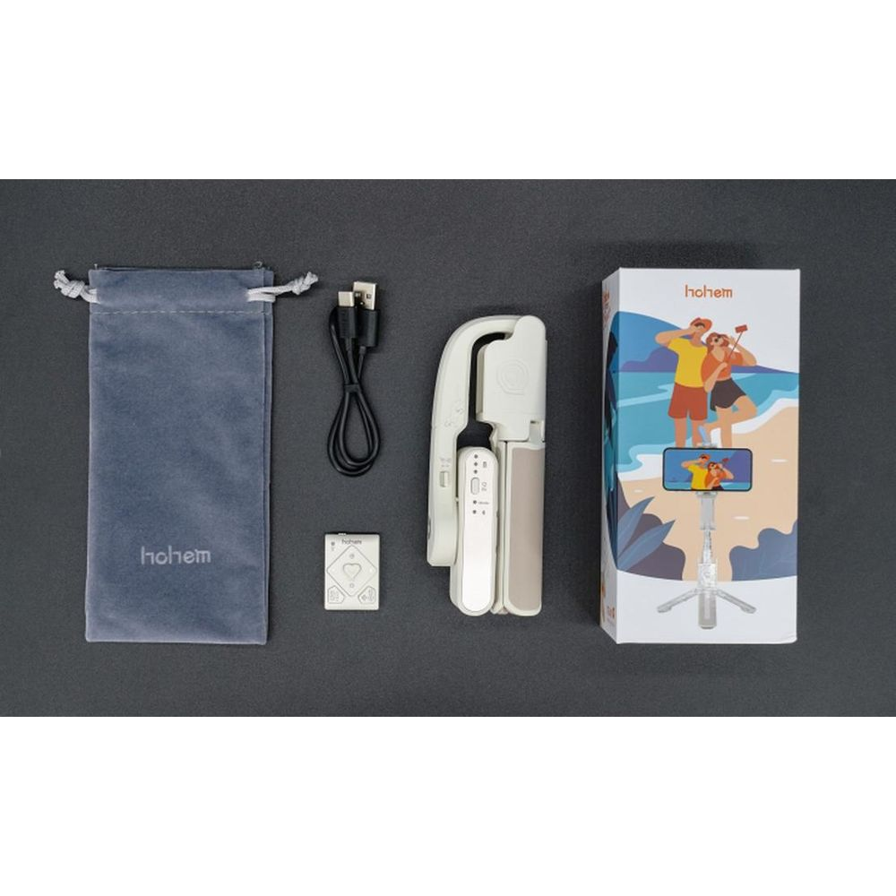 Ein Selfie-Stick-Set mit Tasche, Kabel, Fernbedienung und Box.