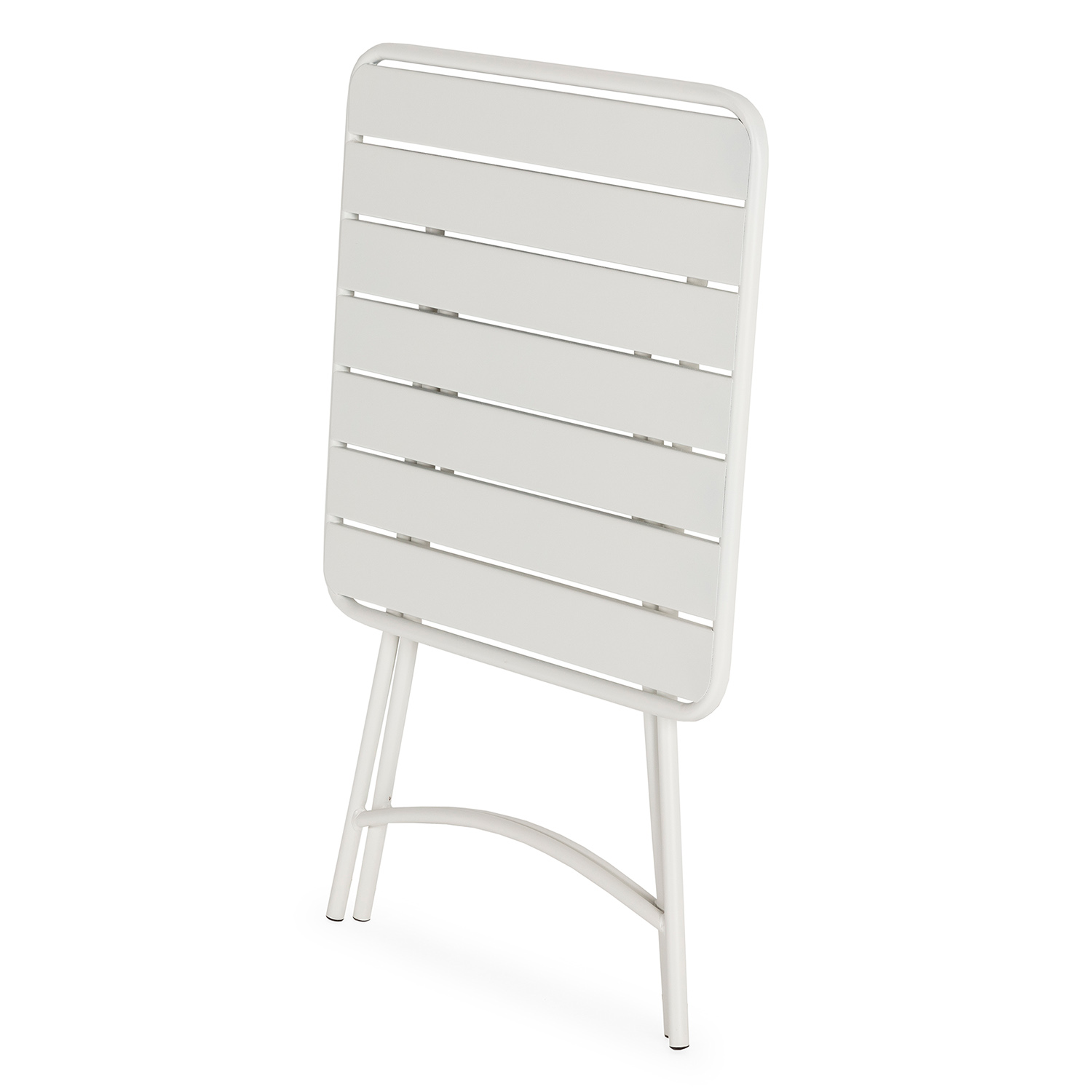 Una mesa plegable blanca con tapa de listones y patas curvas.