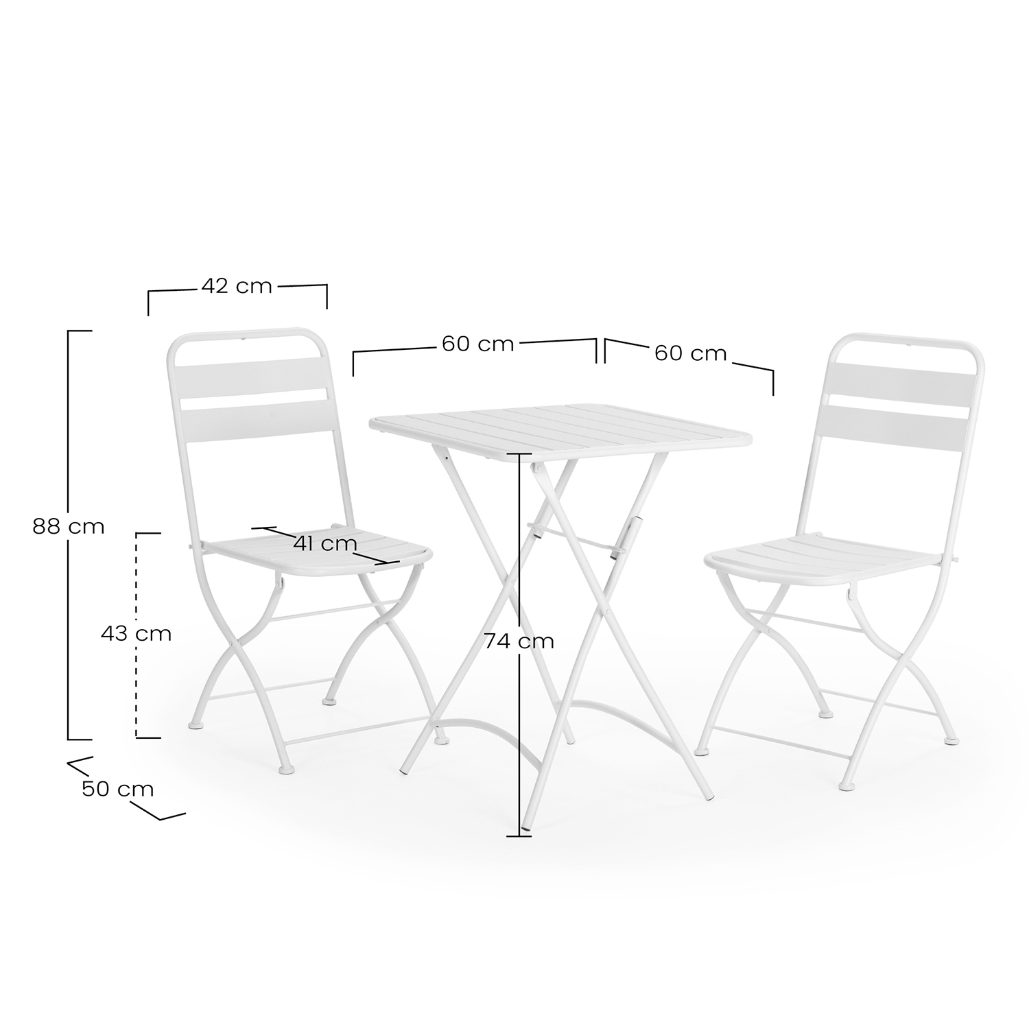 Un juego de mesa de jardín de metal blanco con dos sillas y dimensiones.
