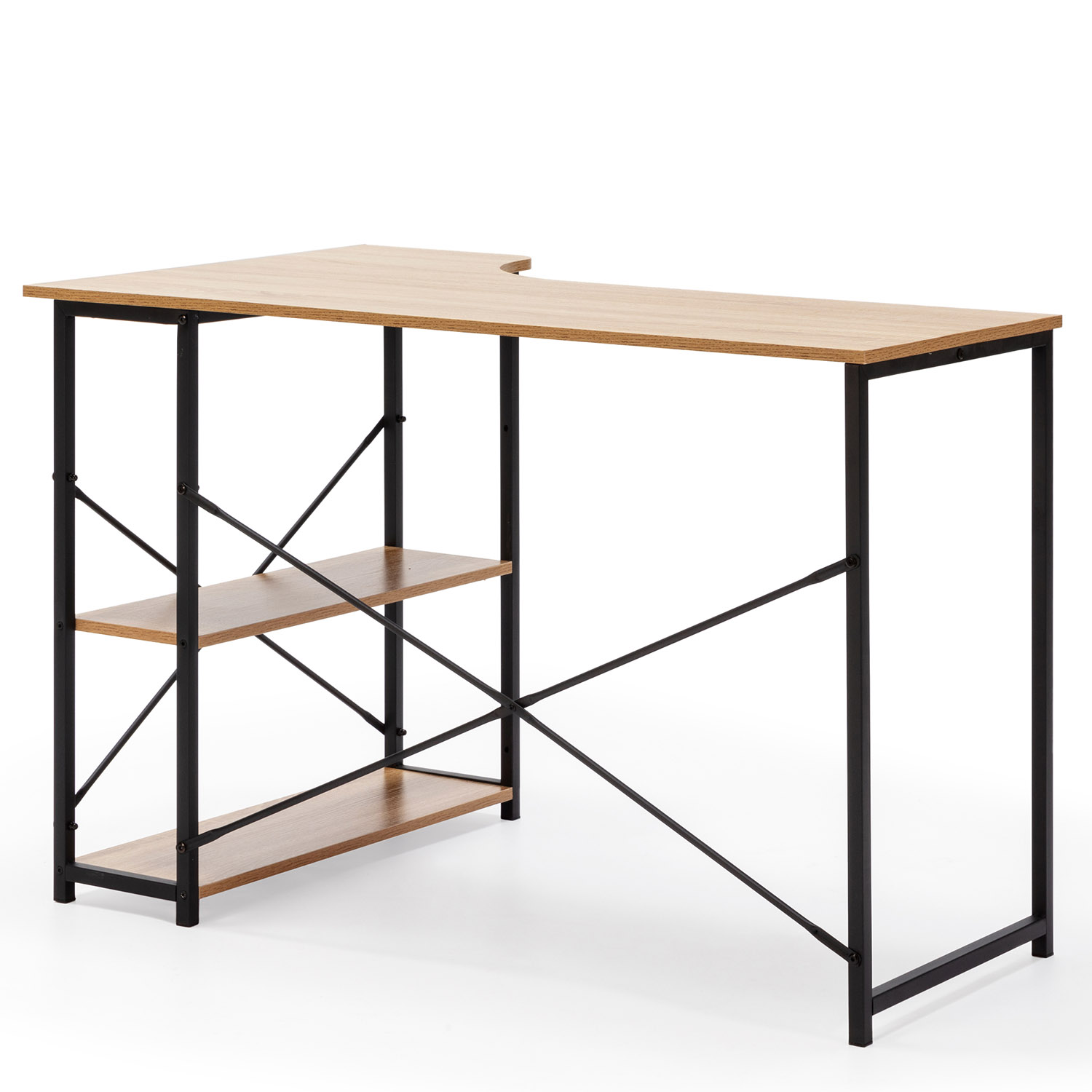 Un escritorio en forma de L de madera clara con marco de metal negro y tres estantes.