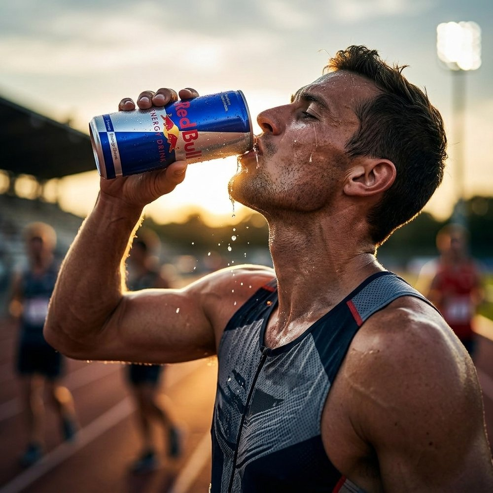 Un uomo beve Red Bull su una pista, sudato, al tramonto.