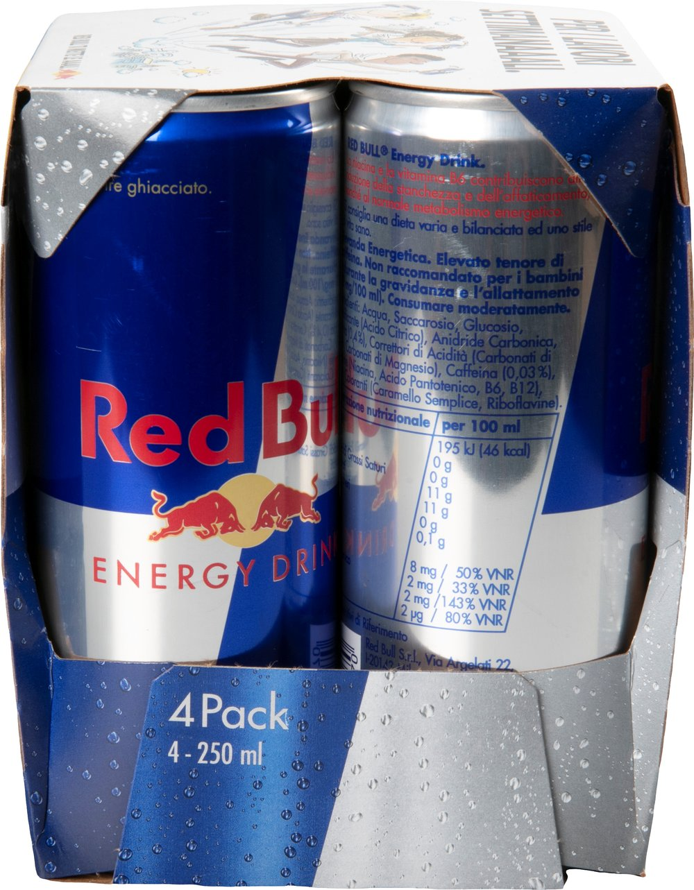 Quattro lattine di Red Bull energy drink in una confezione di cartone con design a gocce d'acqua.