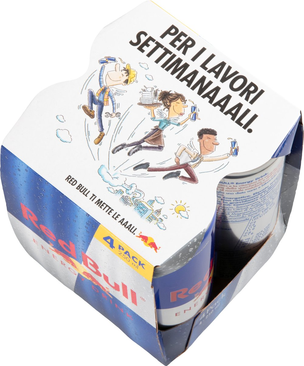Confezione da 4 Red Bull con personaggi dei cartoni animati che volano con lattine.