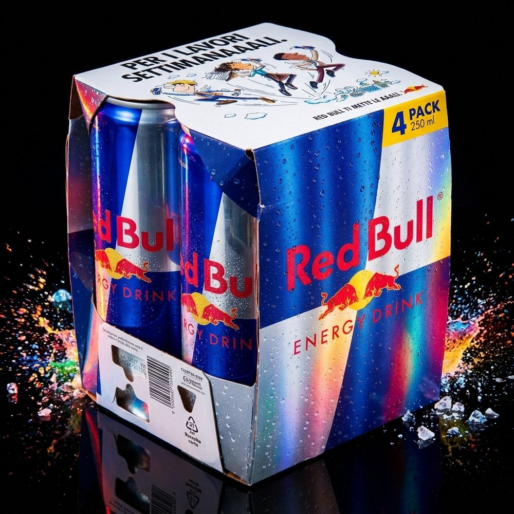 Quattro lattine di Red Bull Energy Drink in un pacco con schizzi colorati.