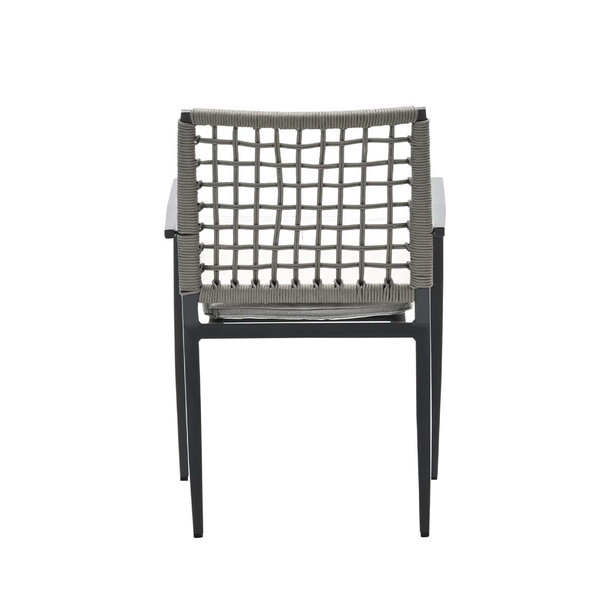 A modern chair with a black metal frame and a woven grey rope back.