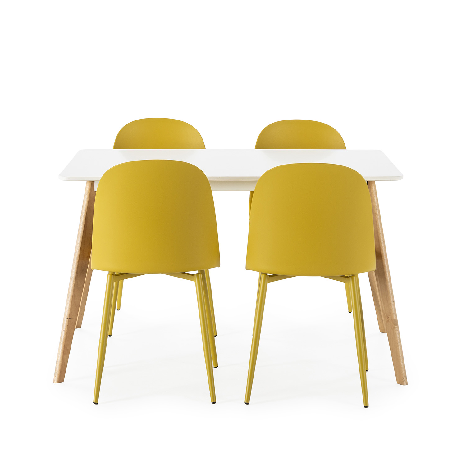 Una mesa blanca con cuatro sillas amarillas y patas de madera.