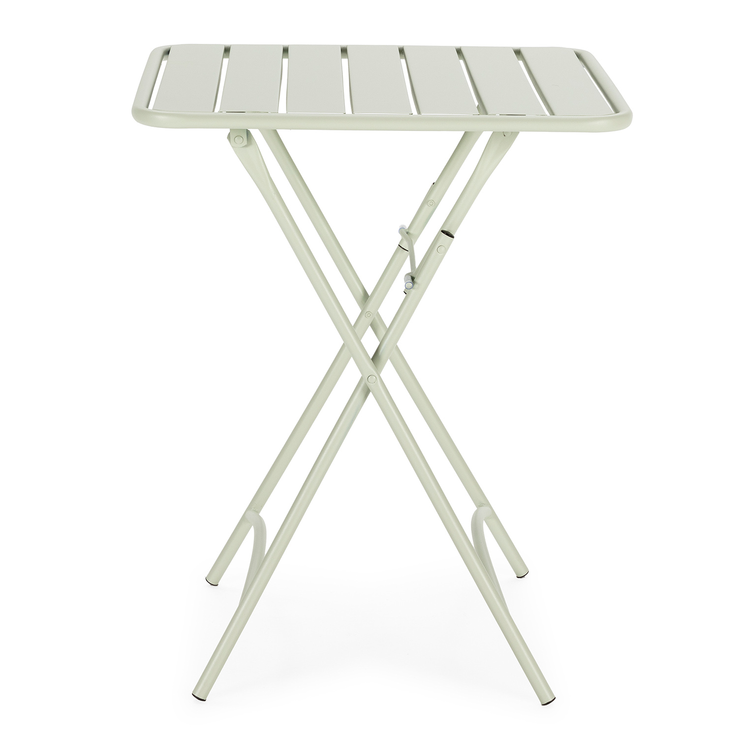 Una mesa plegable verde claro con tablero rectangular estrecho y patas cruzadas.