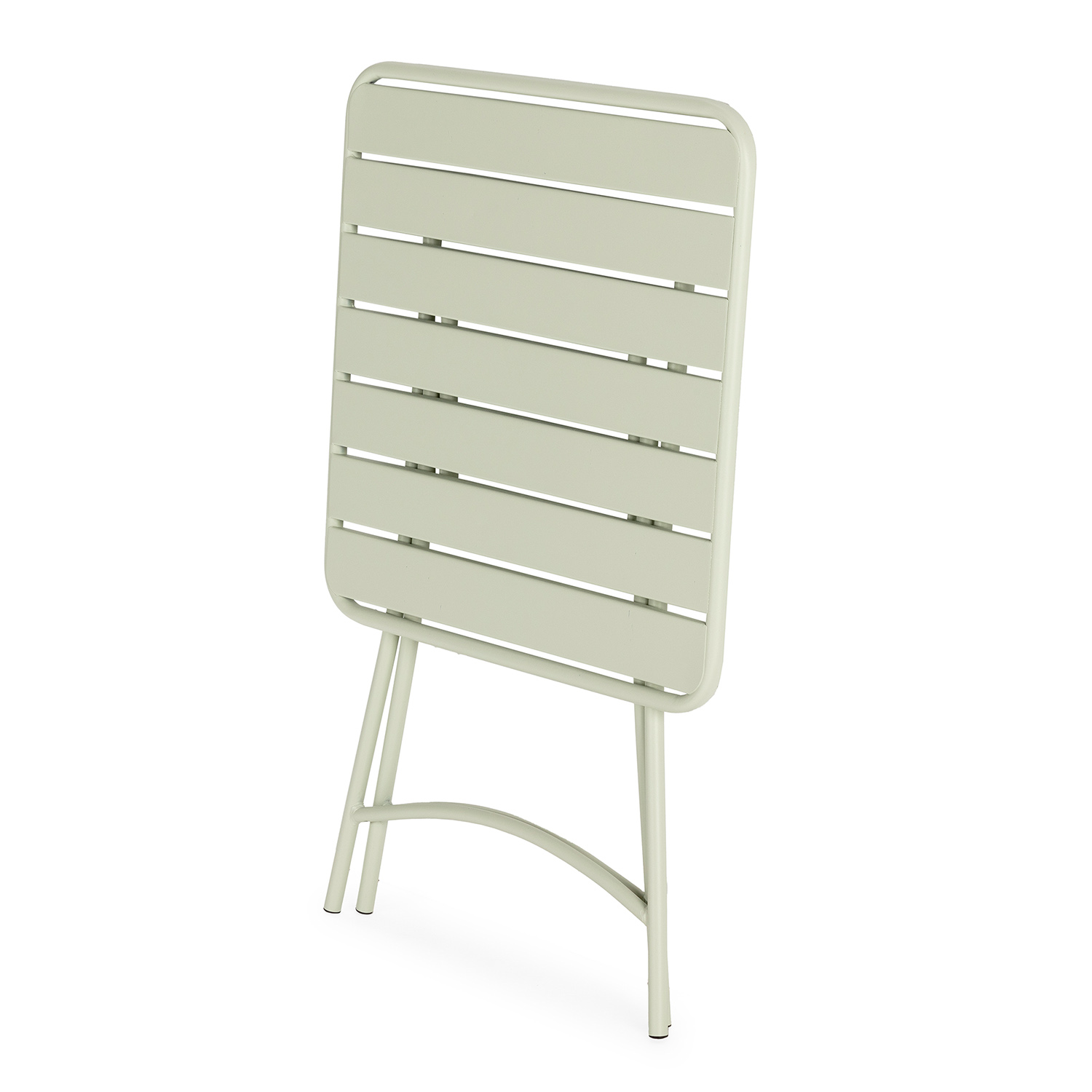 Mesa plegable verde claro con superficie de lamas y patas metálicas delgadas.
