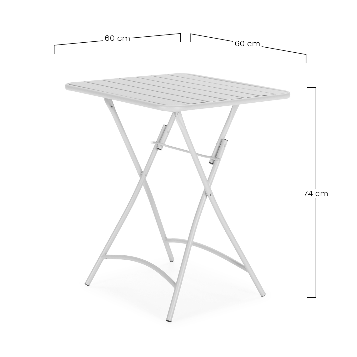 Una mesa plegable blanca, 60x60 cm y 74 cm de alto, con tapa de lamas.