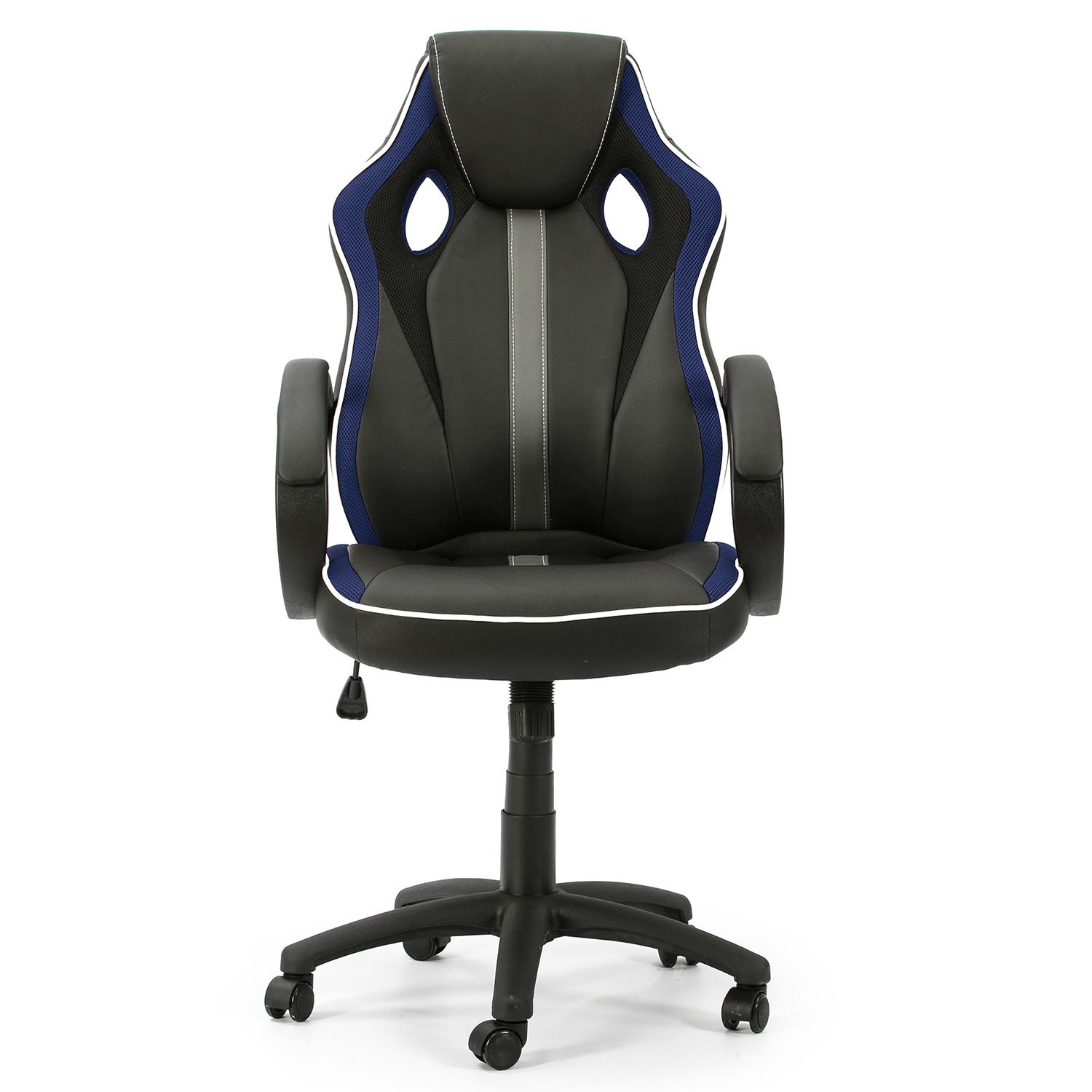 Silla gamer negra con detalles azules y blancos sobre fondo blanco.