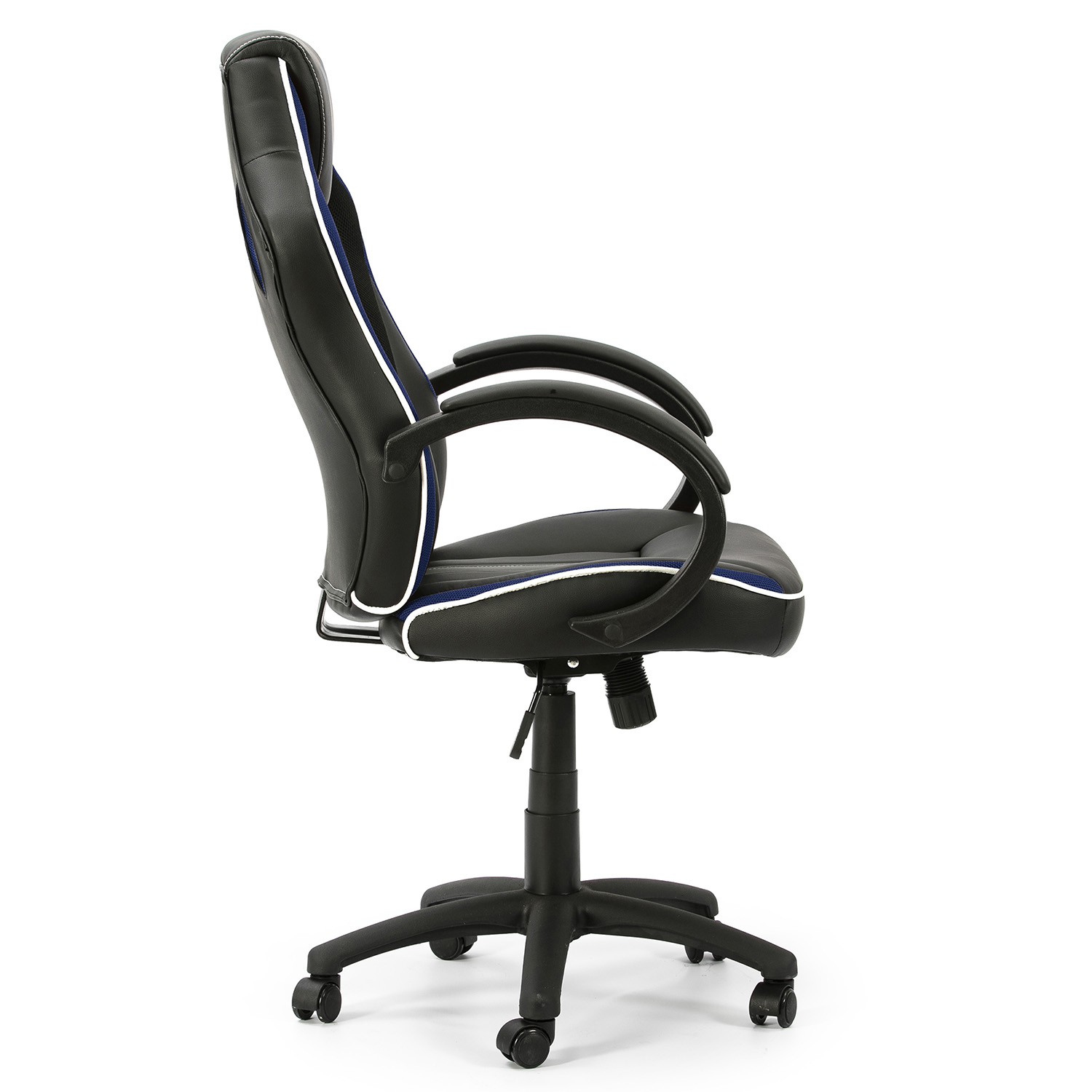 Silla de oficina negra con rayas de acento azules y blancas sobre fondo blanco.