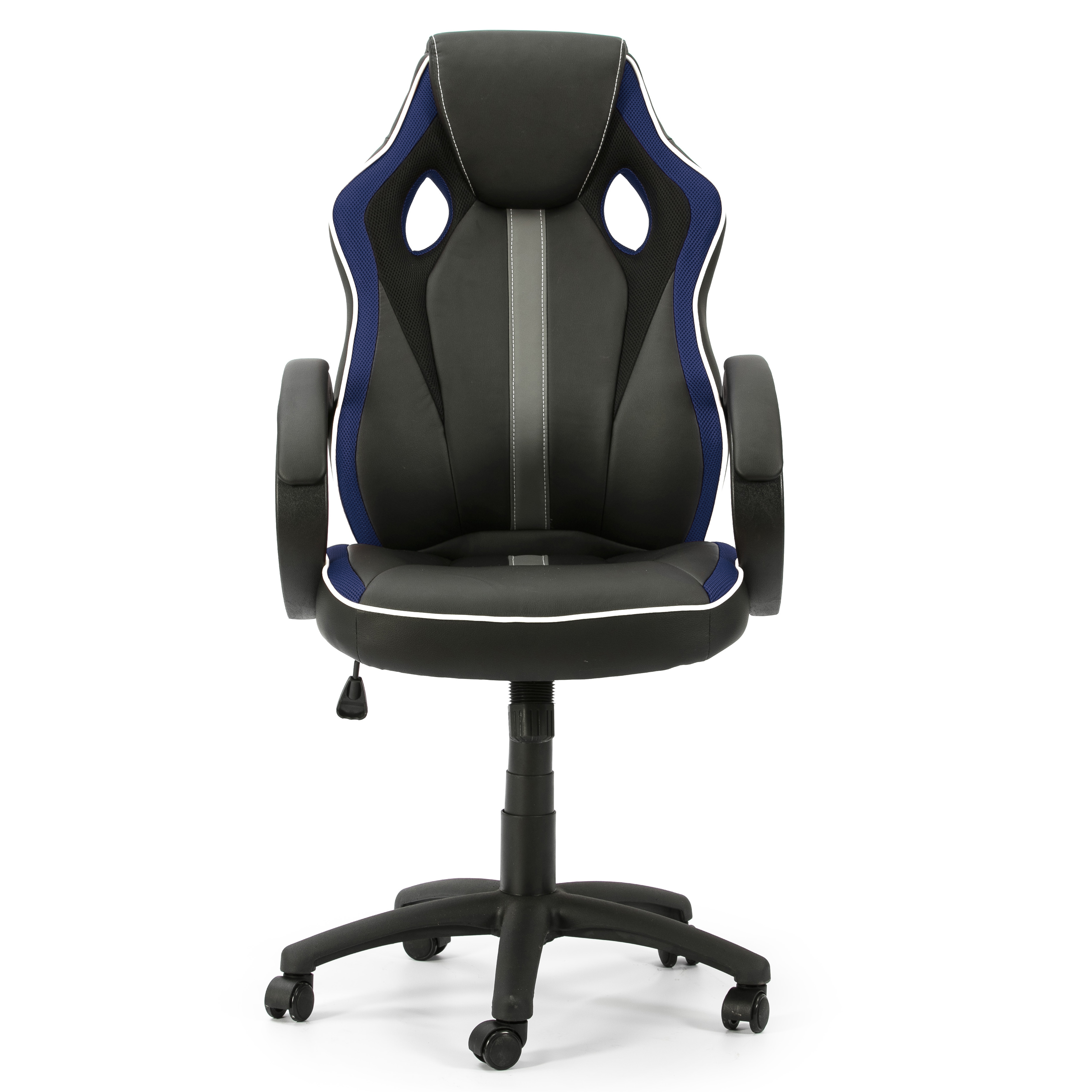 Silla gamer negra con detalles azules y blancos, de cuero y malla.