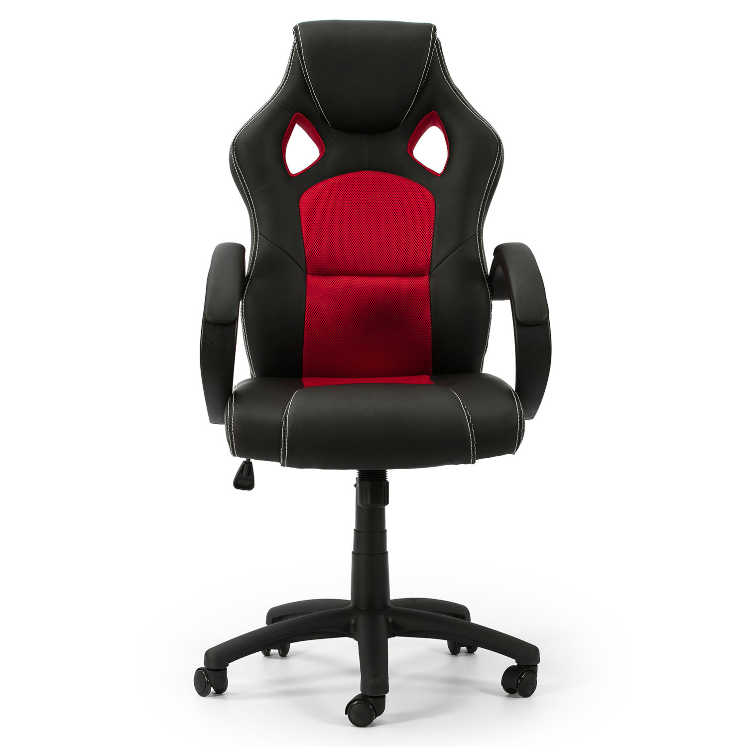 Silla de oficina negra con asiento rojo y costuras blancas sobre fondo blanco.