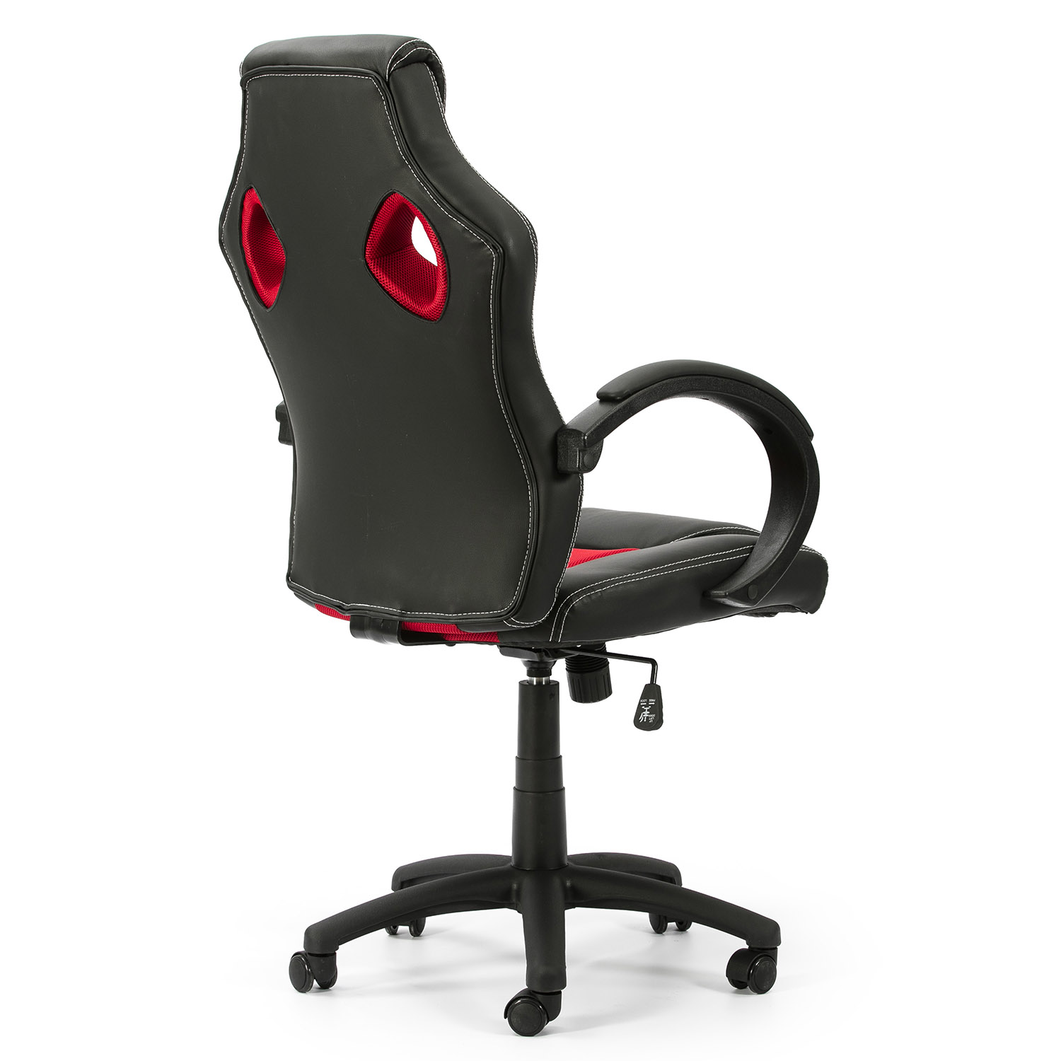 Silla gamer negra con detalles rojos, costuras blancas y base con ruedas.