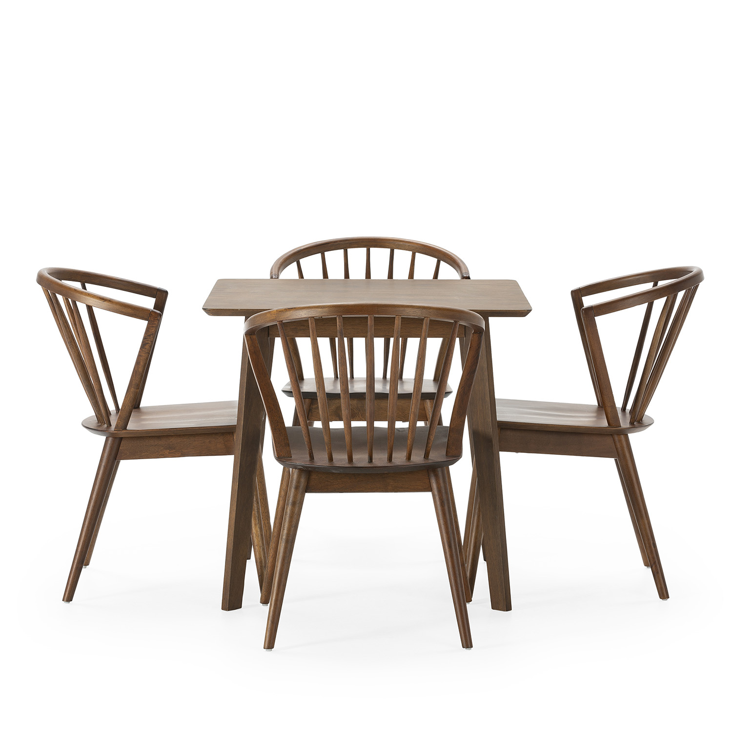 Una mesa de comedor de madera con cuatro sillas, todo sobre fondo blanco.