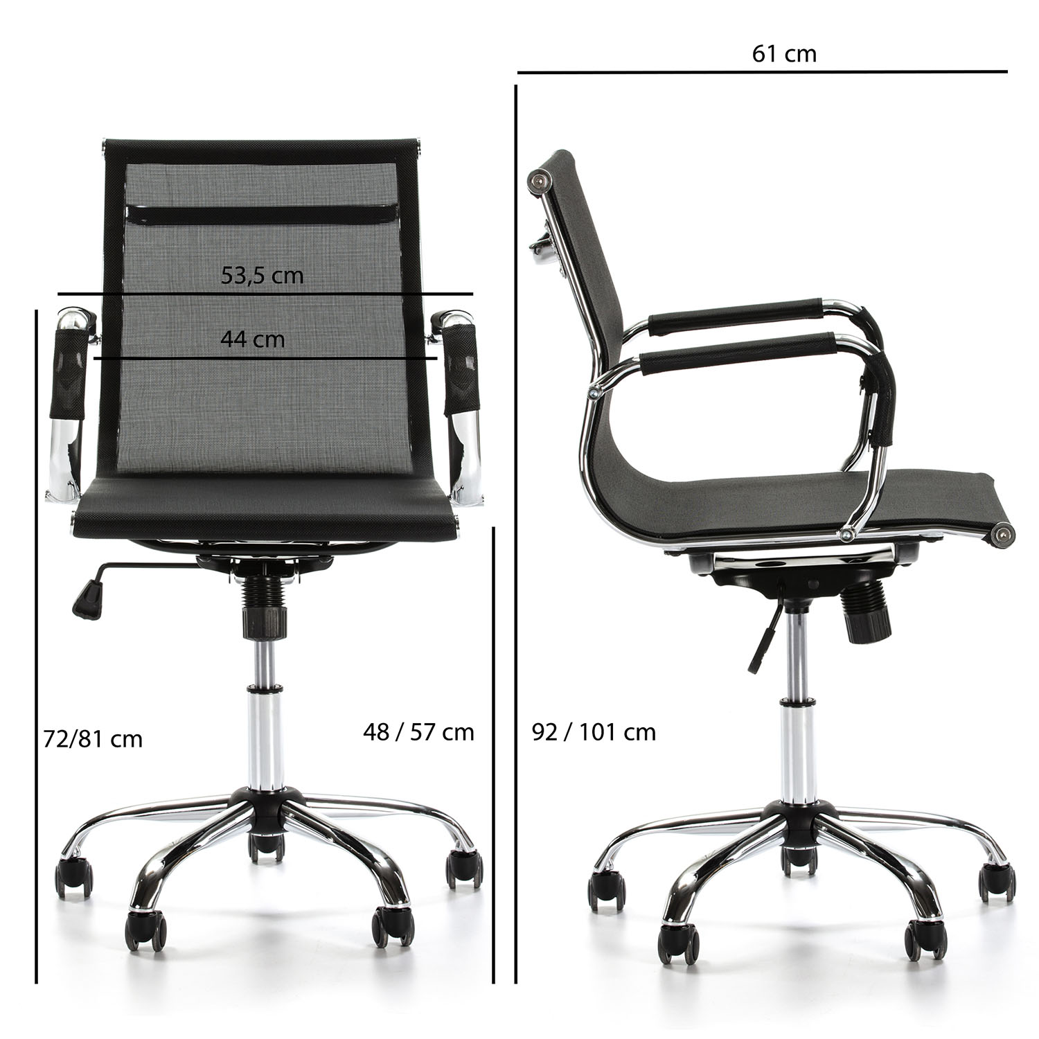 Una silla de oficina negra con marco metálico y ruedas. Se muestran las dimensiones.