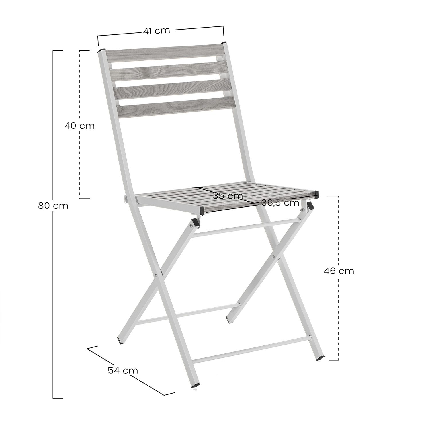Una silla plegable gris con patas de metal blanco. Dimensiones etiquetadas.