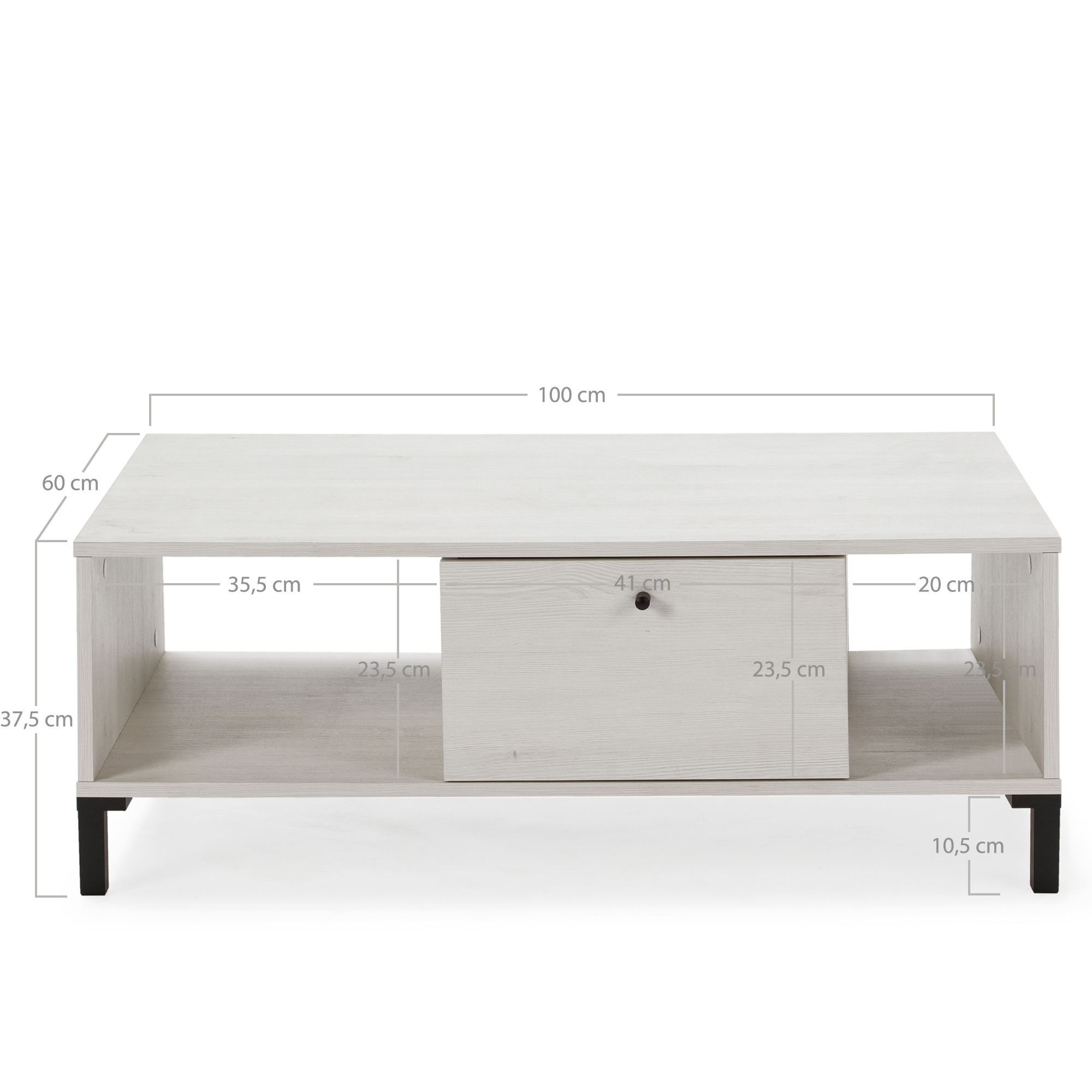 Mesa de centro blanca con cajón y estantes abiertos. Dimensiones mostradas.