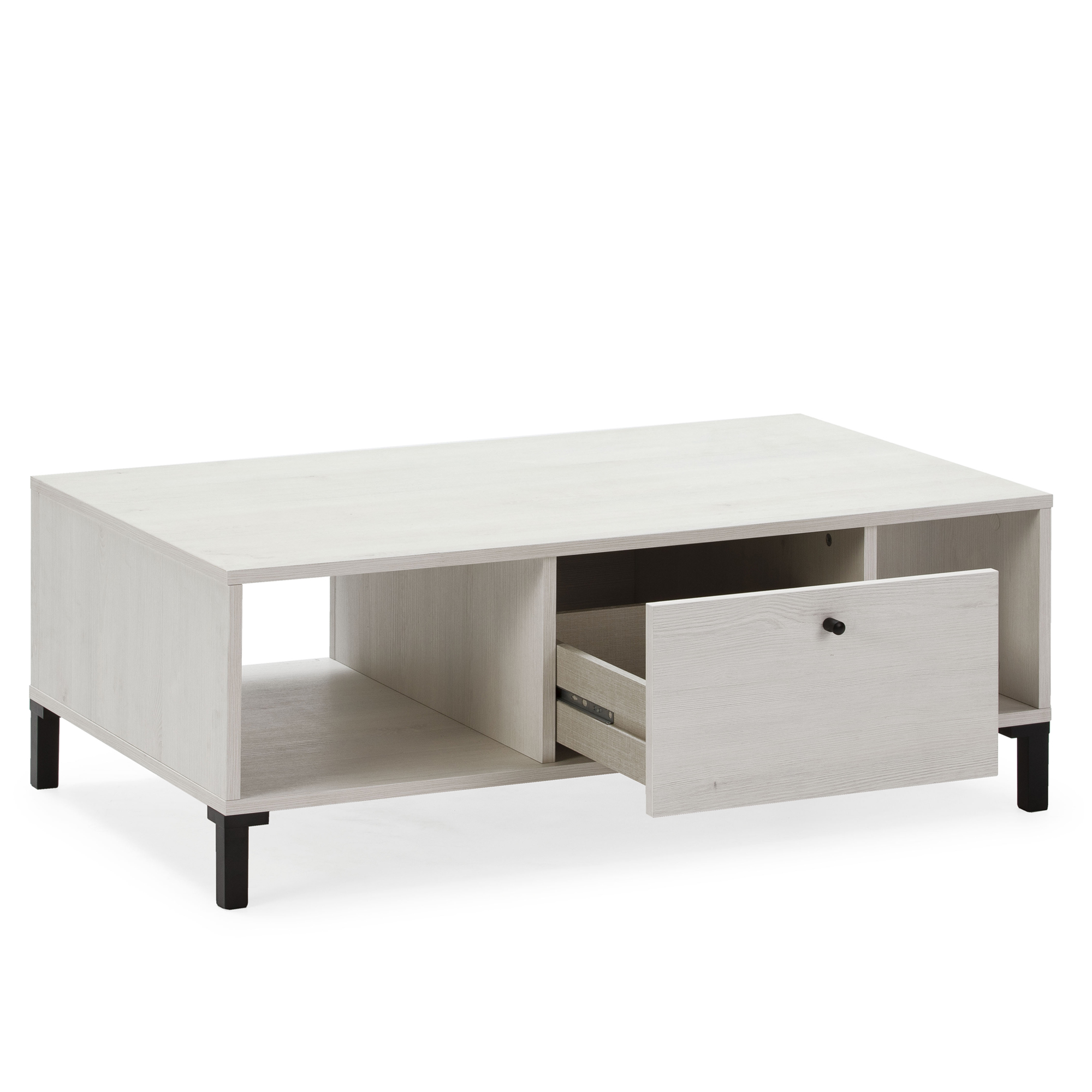 Un mueble bajo de madera clara con un estante abierto y un cajón, sobre patas negras.