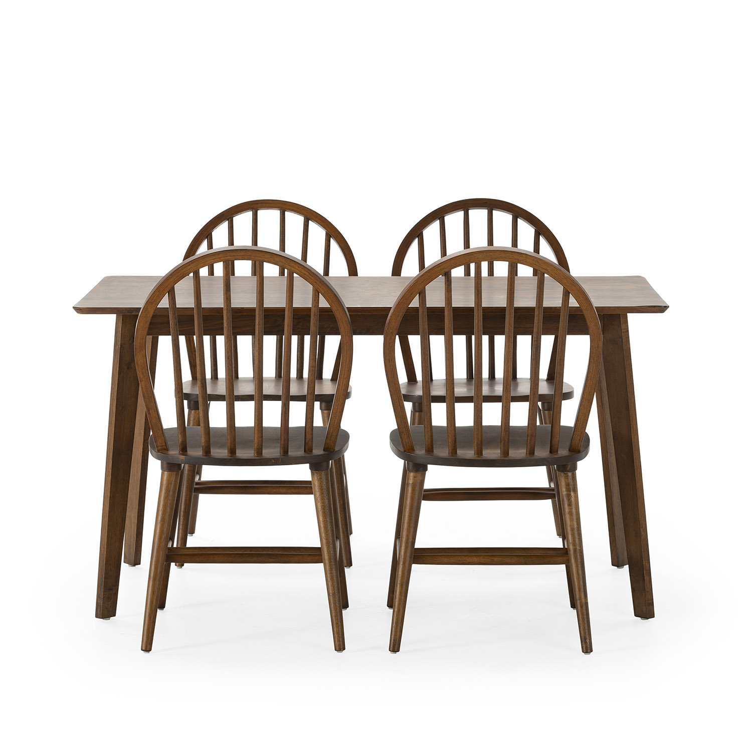 Una mesa de comedor de madera oscura con cuatro sillas a juego sobre fondo blanco.
