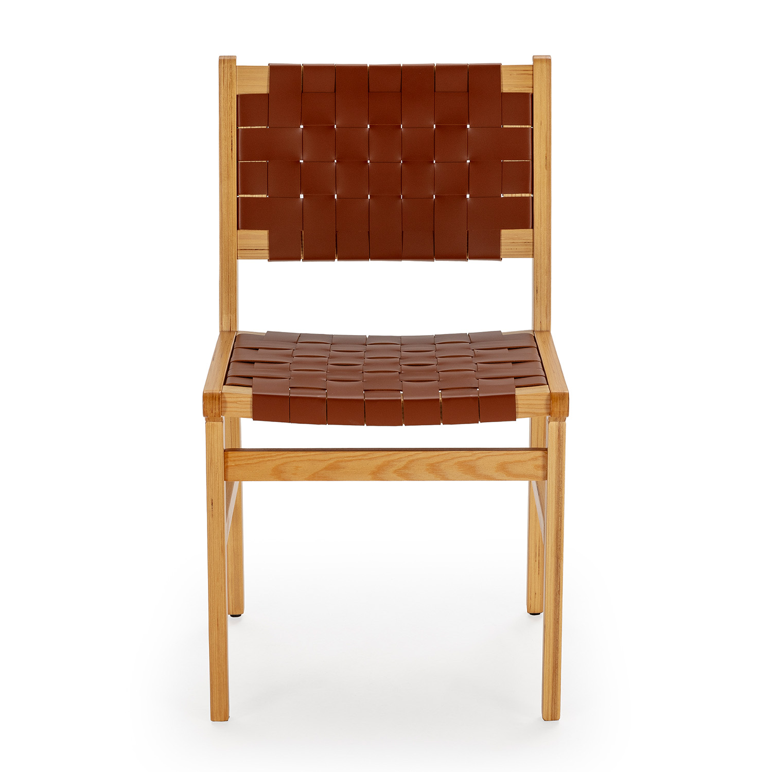 Una silla de madera con correas de cuero marrón para asiento y respaldo.