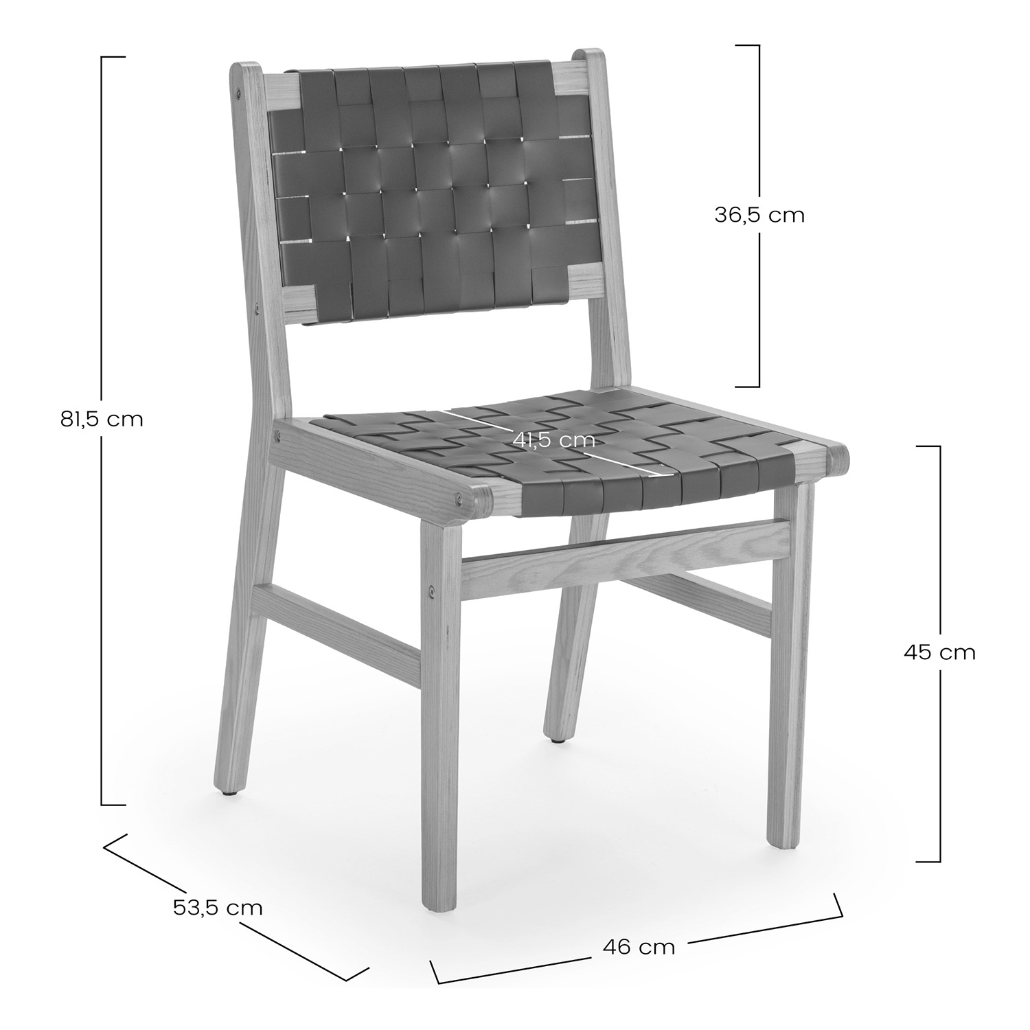 Una silla de madera con asiento y respaldo grises tejidos, se muestran las dimensiones.