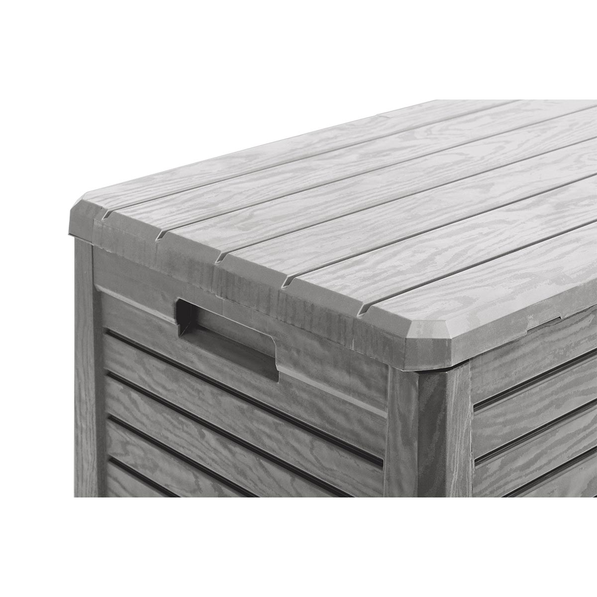 Coffre de rangement en plastique gris aspect bois avec découpe pour poignée.