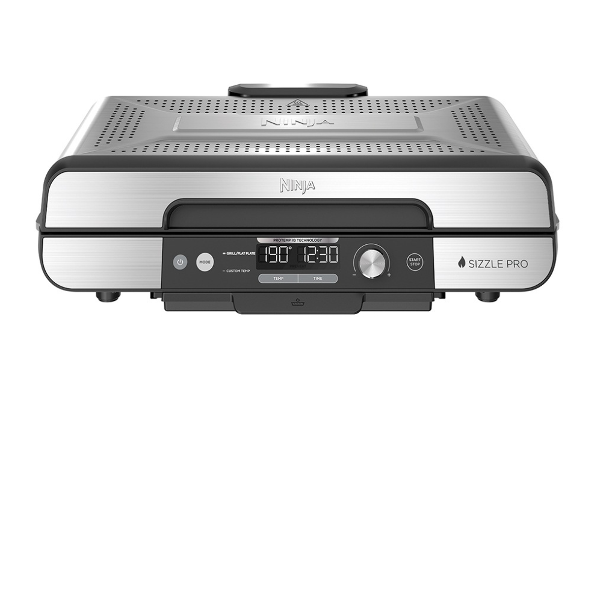 Una parrilla Ninja Sizzle Pro con detalles plateados y negros y una pantalla digital.
