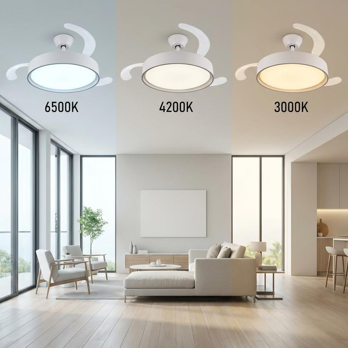 Ventilador de techo con luz en tres temperaturas de color en una sala de estar moderna.