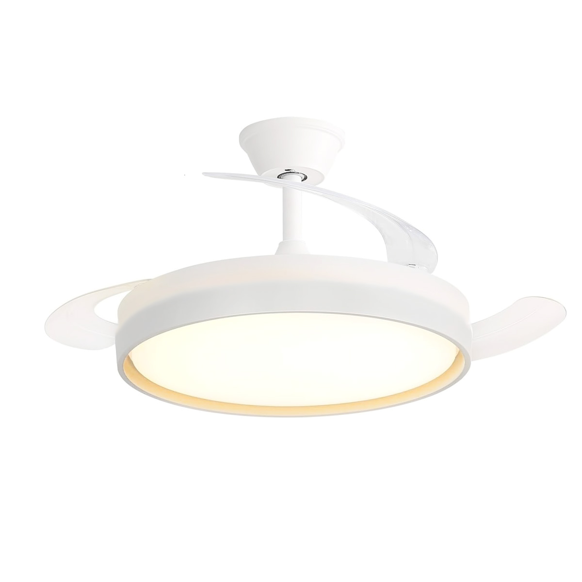 Un ventilador de techo blanco moderno con luz LED integrada, con aspas retráctiles.