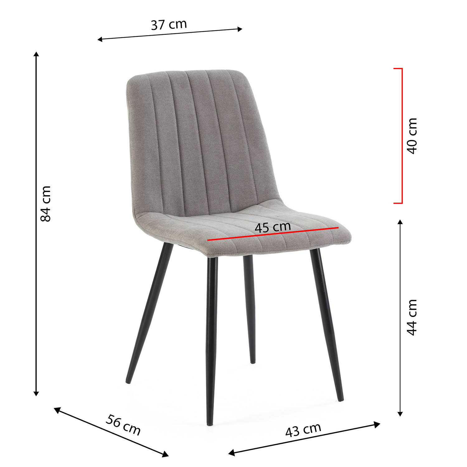 Silla gris con costuras verticales y patas negras, se muestran las dimensiones.