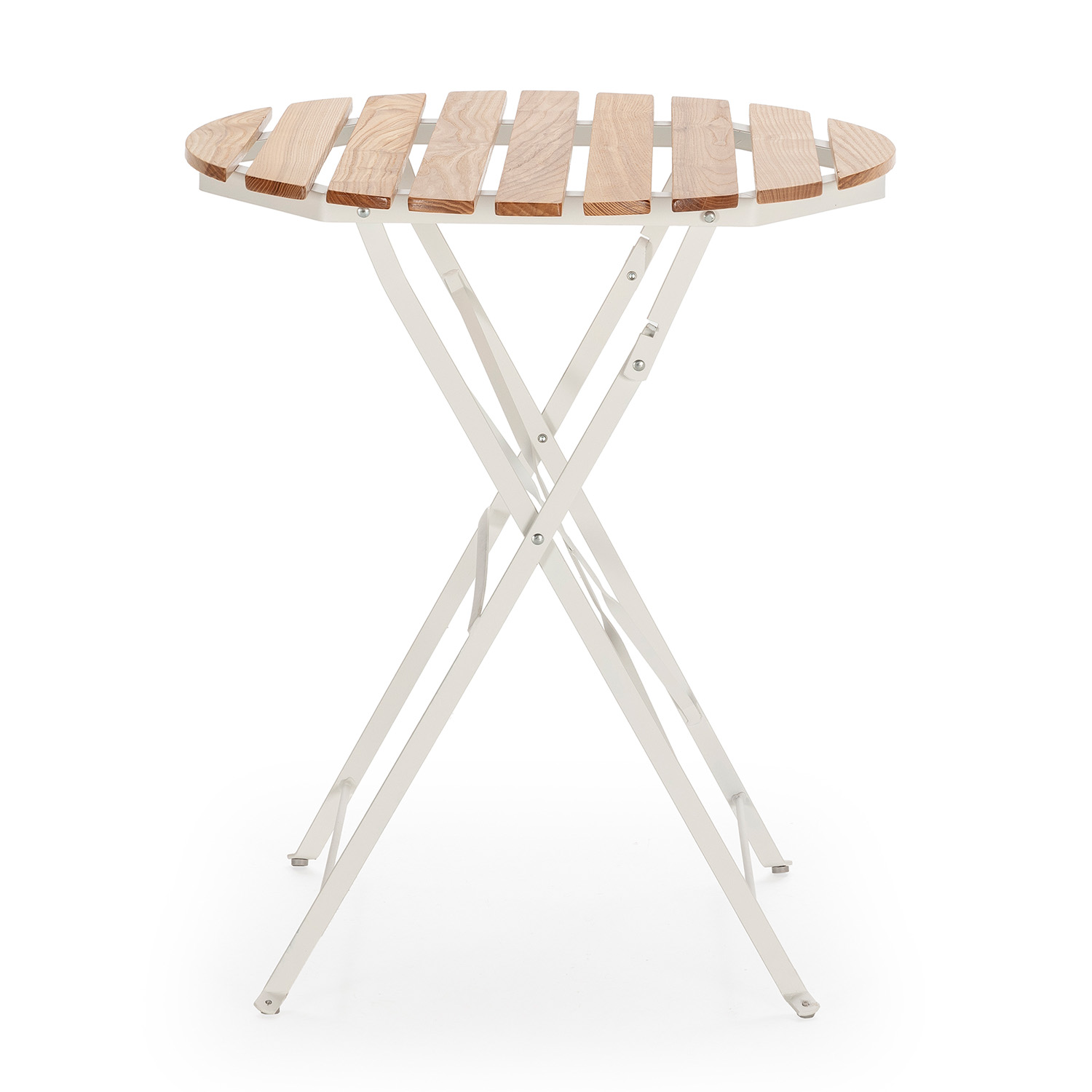 Una mesa redonda de madera con base de metal blanca, aislada sobre fondo blanco.