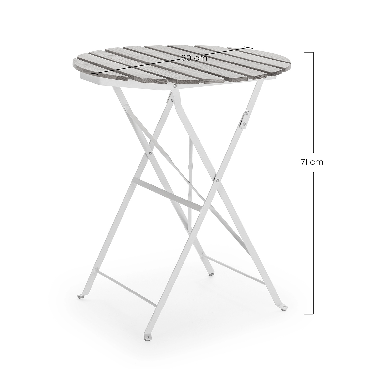 Mesa redonda de jardín con tapa de madera acanalada y base de metal blanco. 60cm ancho, 71cm alto.