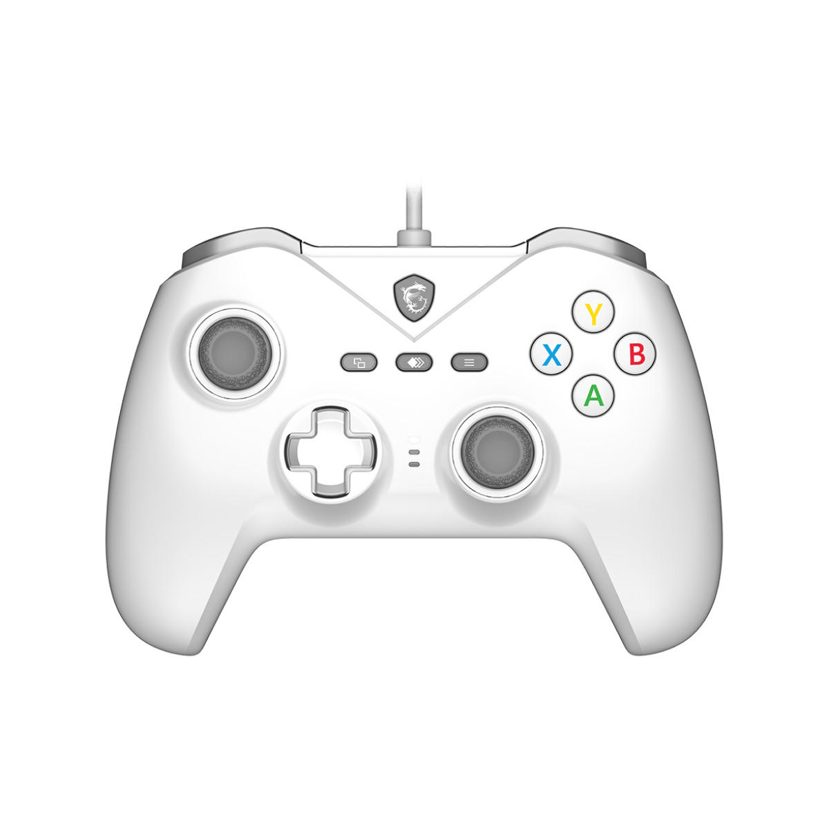 Un controller da gioco bianco con joystick, D-pad e pulsanti colorati.