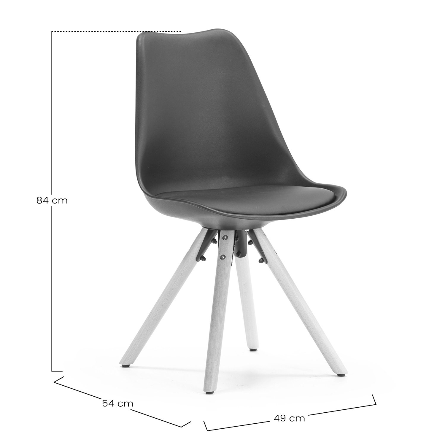 Una silla gris con patas de madera, dimensiones 84x54x49 cm.
