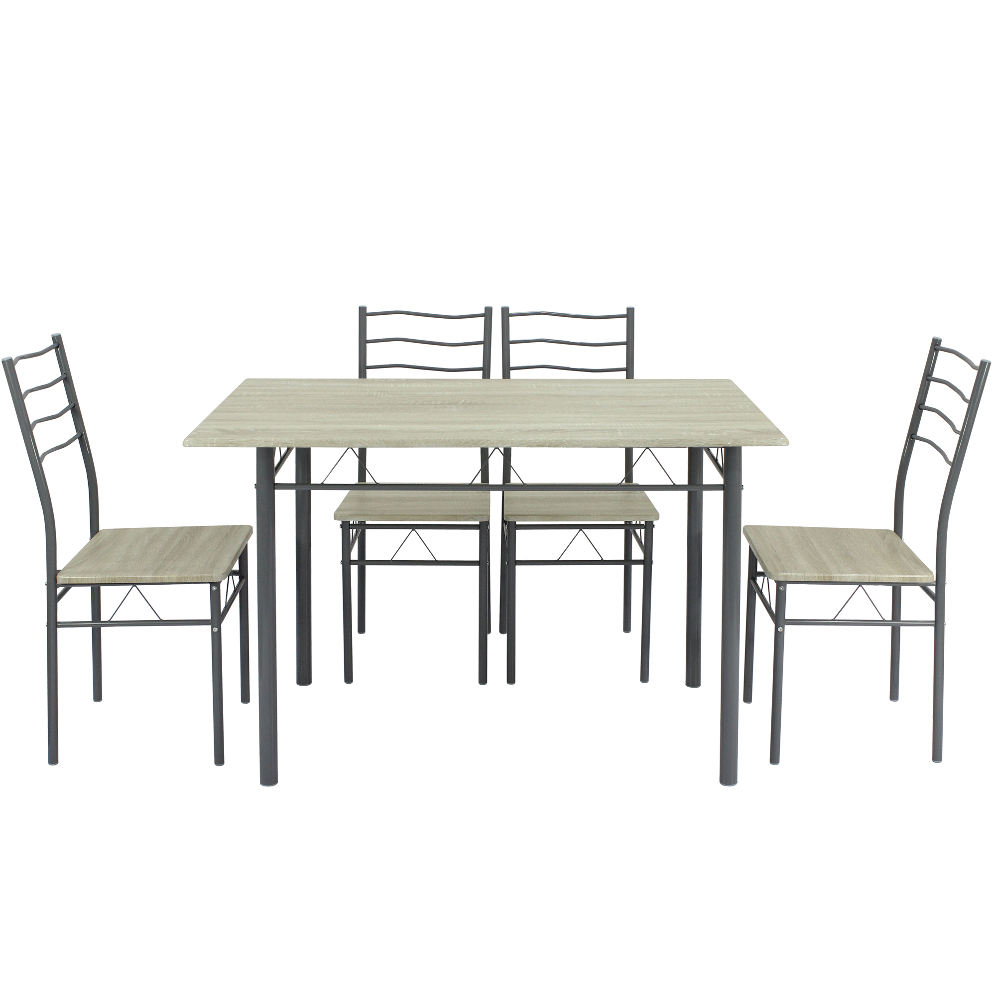 Una mesa de comedor con cuatro sillas de estructura metálica y superficie de madera.