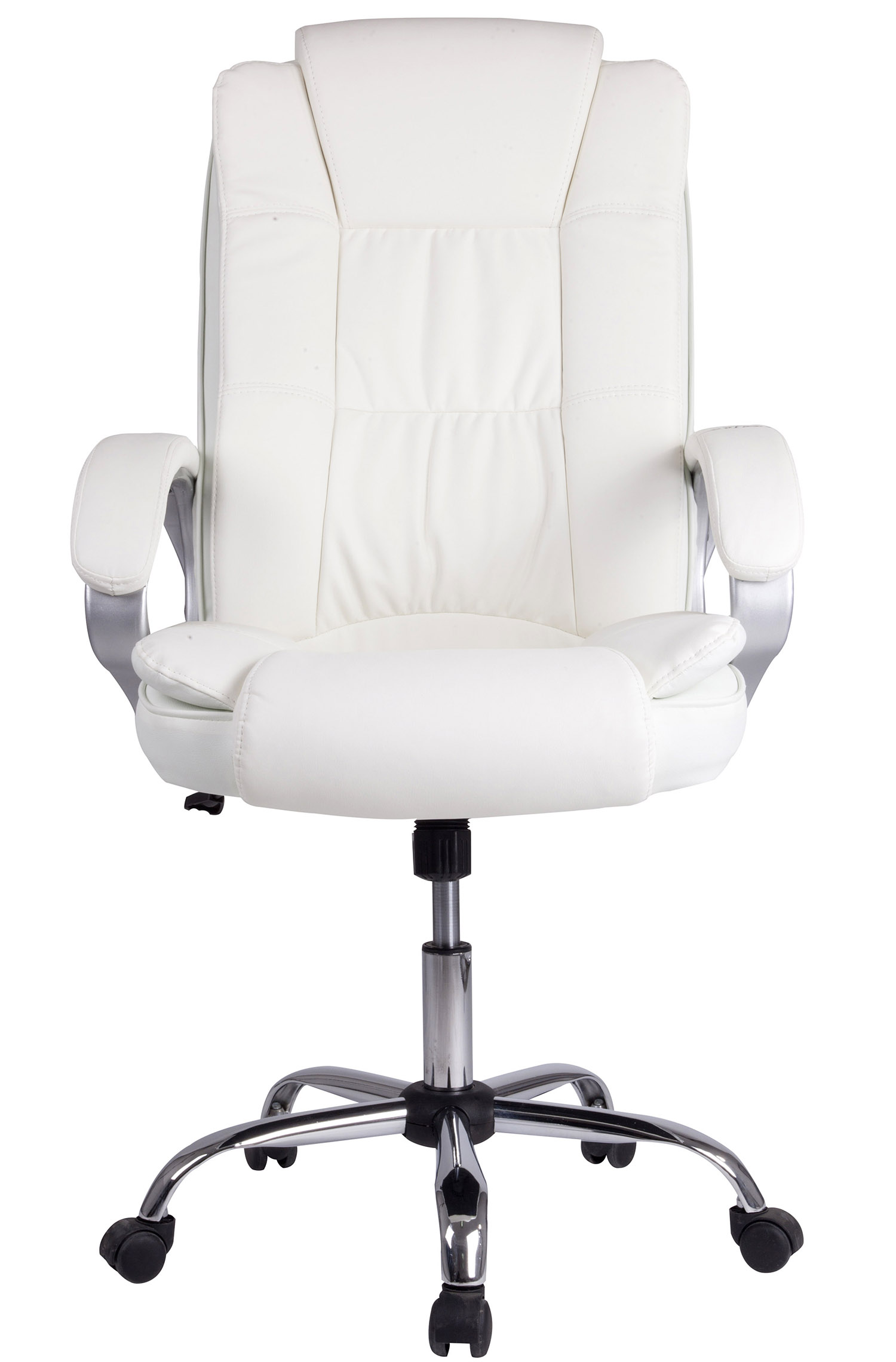 Una silla de oficina ejecutiva blanca con base cromada y ruedas.