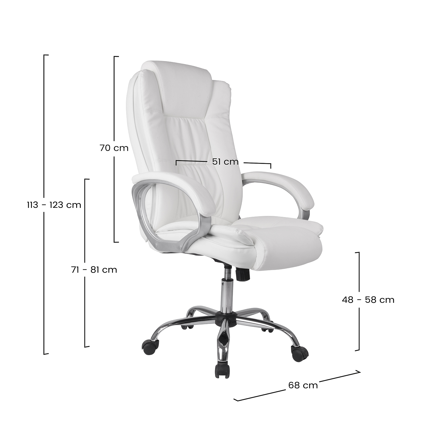 Una silla de oficina blanca con detalles cromados y ruedas, con dimensiones.