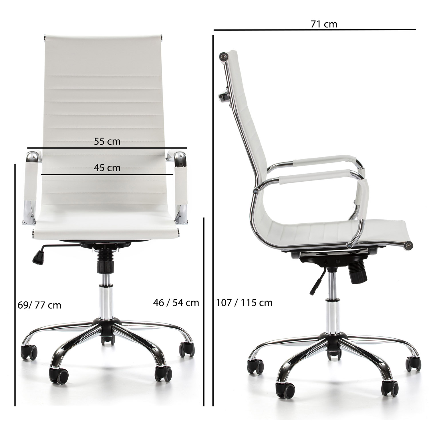 Silla de oficina blanca con dimensiones: Ancho 55/45 cm, Alto 69/77 cm, Profundidad 71 cm.
