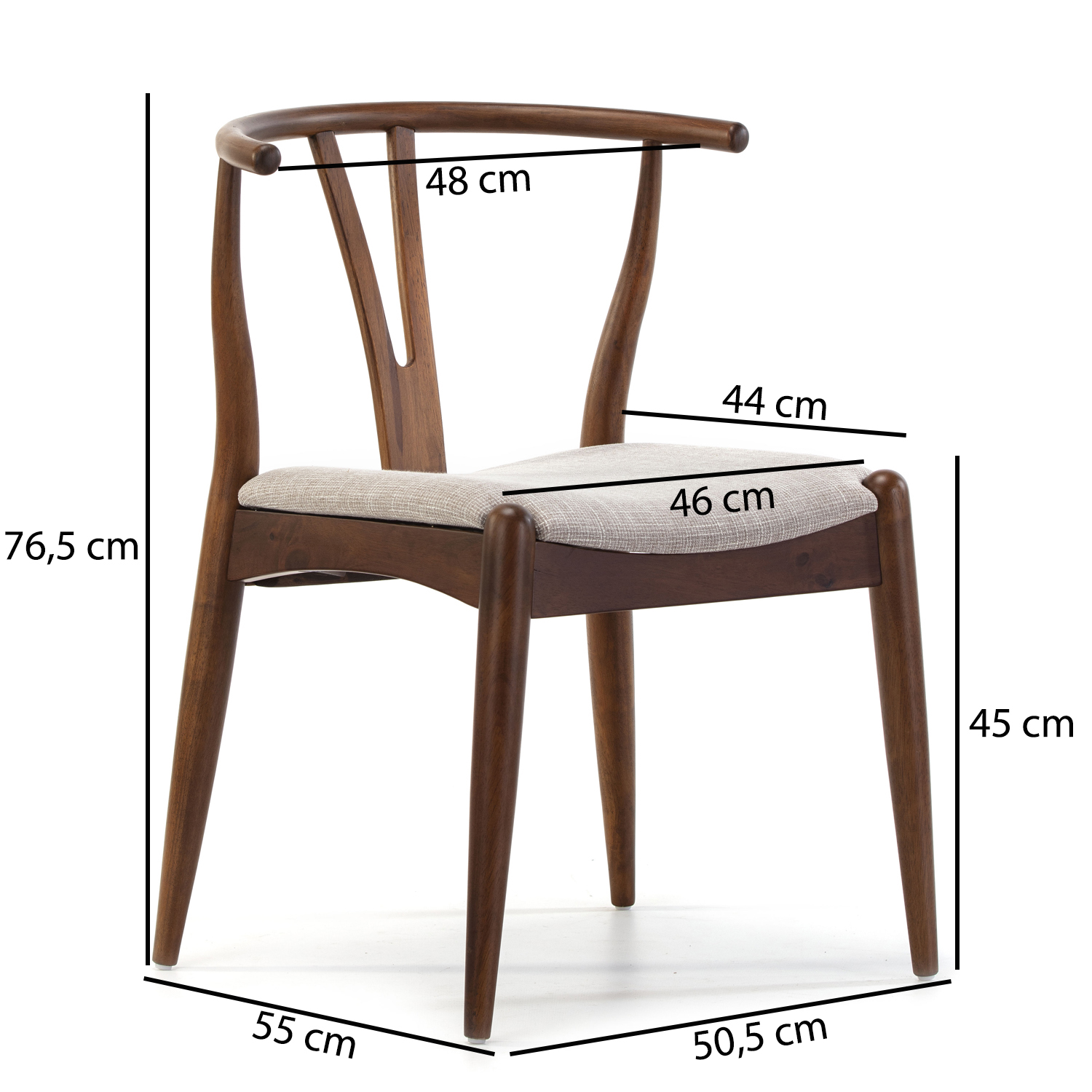 Silla de madera con asiento tapizado, se indican dimensiones.
