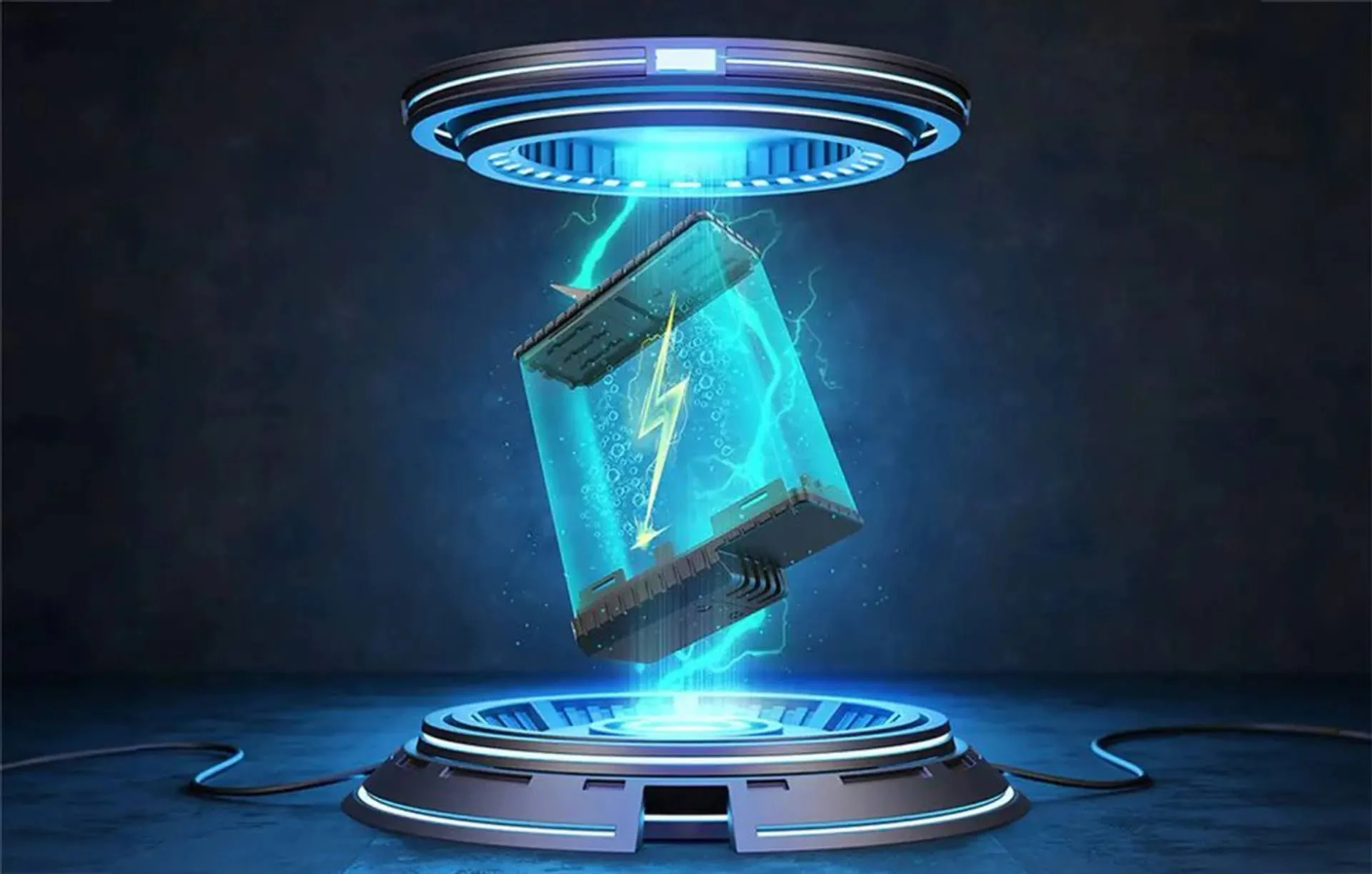 A battery being charged on a platform with blue lights and lightning effects.