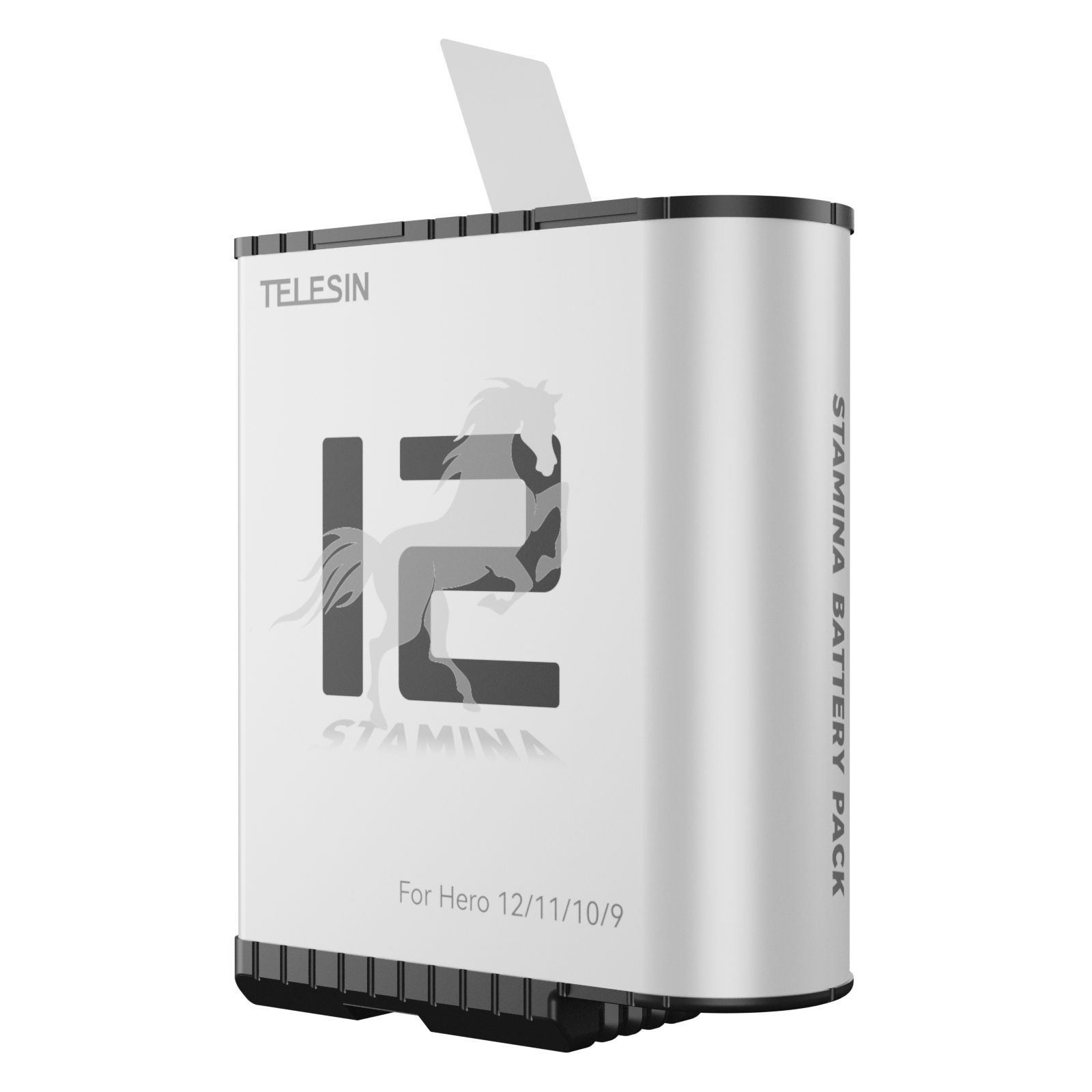 White Telesin stamina battery pack for Hero 12/11/10/9, with horse logo.