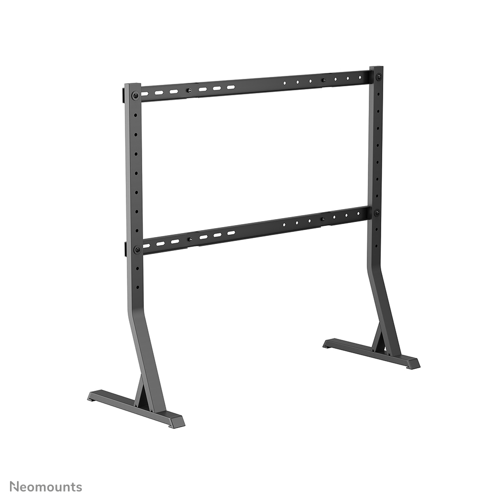 Supporto TV nero autoportante con due barre orizzontali e gambe regolabili.